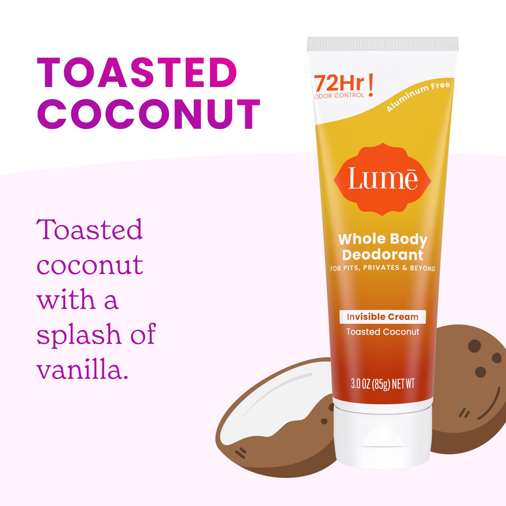 Lume Whole Body Deodorant Aluminum-Free, Baking Soda Free | 72-Hour Odor Control | Pack of 2 (Soft Powder & Toasted Coconut)