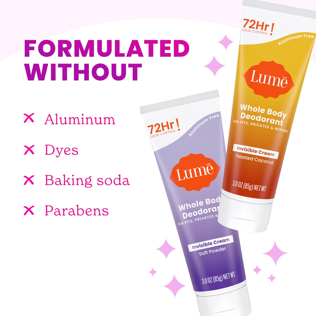 Lume Whole Body Deodorant Aluminum-Free, Baking Soda Free | 72-Hour Odor Control | Pack of 2 (Soft Powder & Toasted Coconut)
