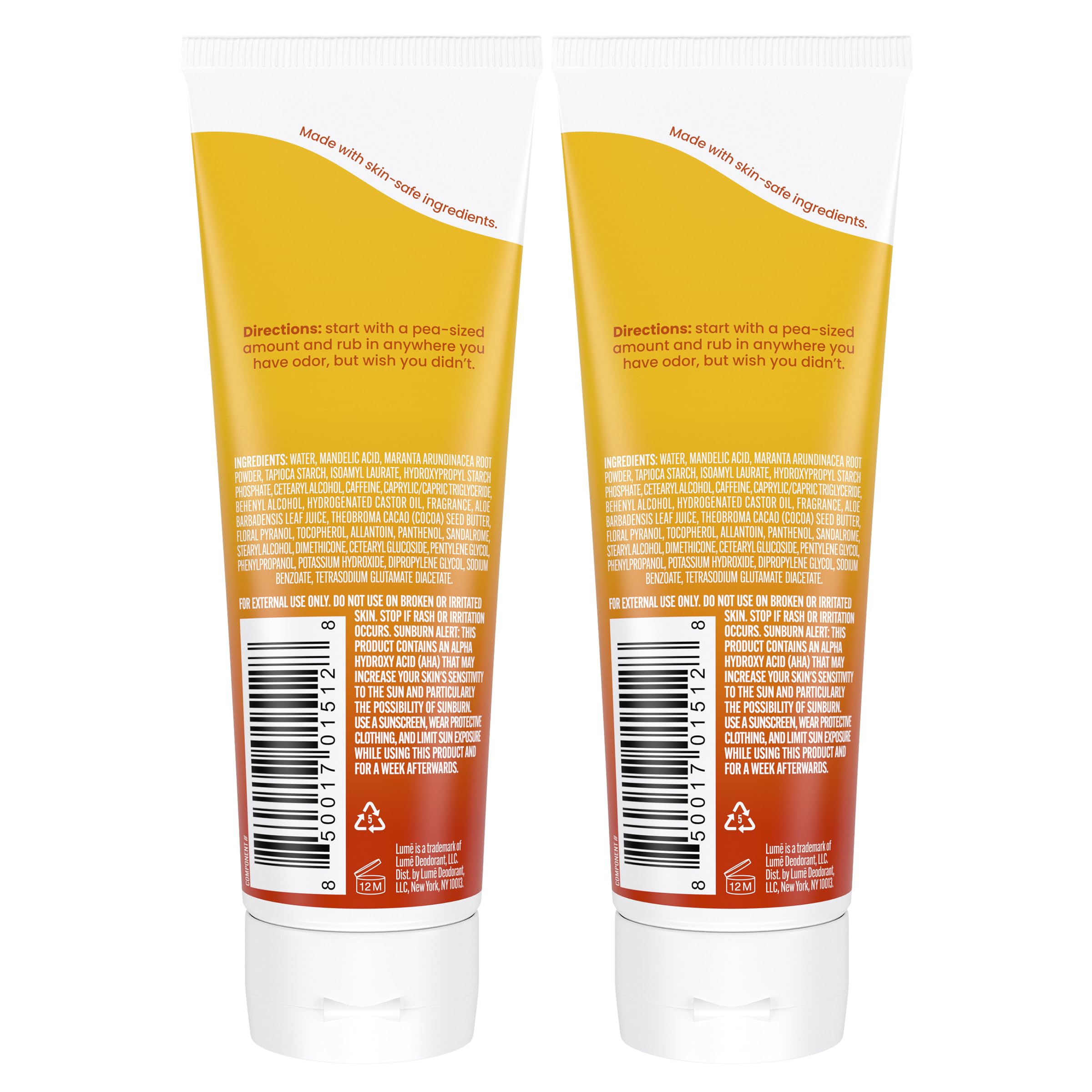 Lume Whole Body Deodorant - Invisible Cream Tube - 72 Hour Odor Control - Aluminum Free, Baking Soda Free, Skin Safe - Toasted Coconut (Pack of 2, 3.0 oz)
