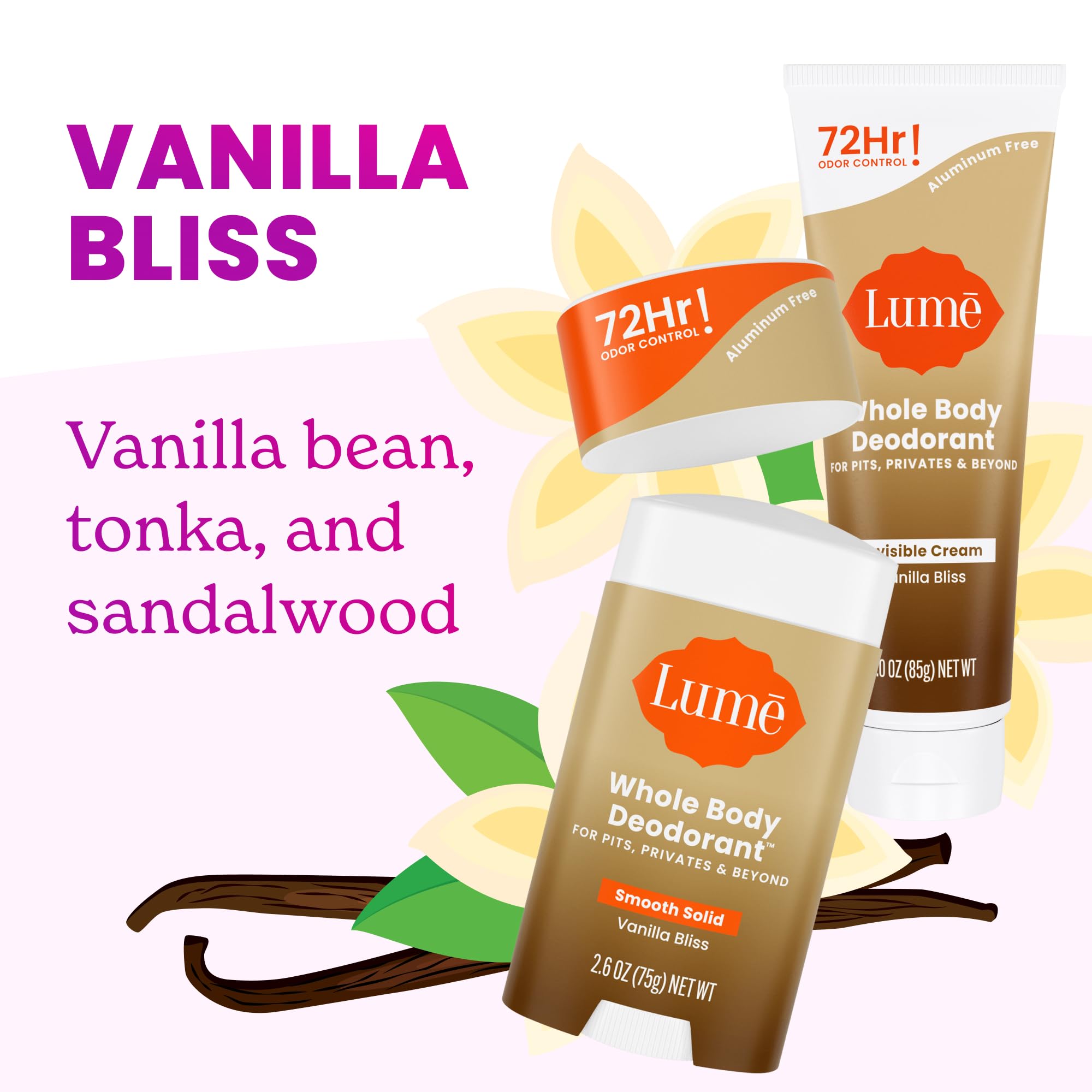 Lume Whole Body Deodorant – Vanilla Bliss Tube & Stick, Aluminum & Baking Soda Free, 72-Hour Odor Control