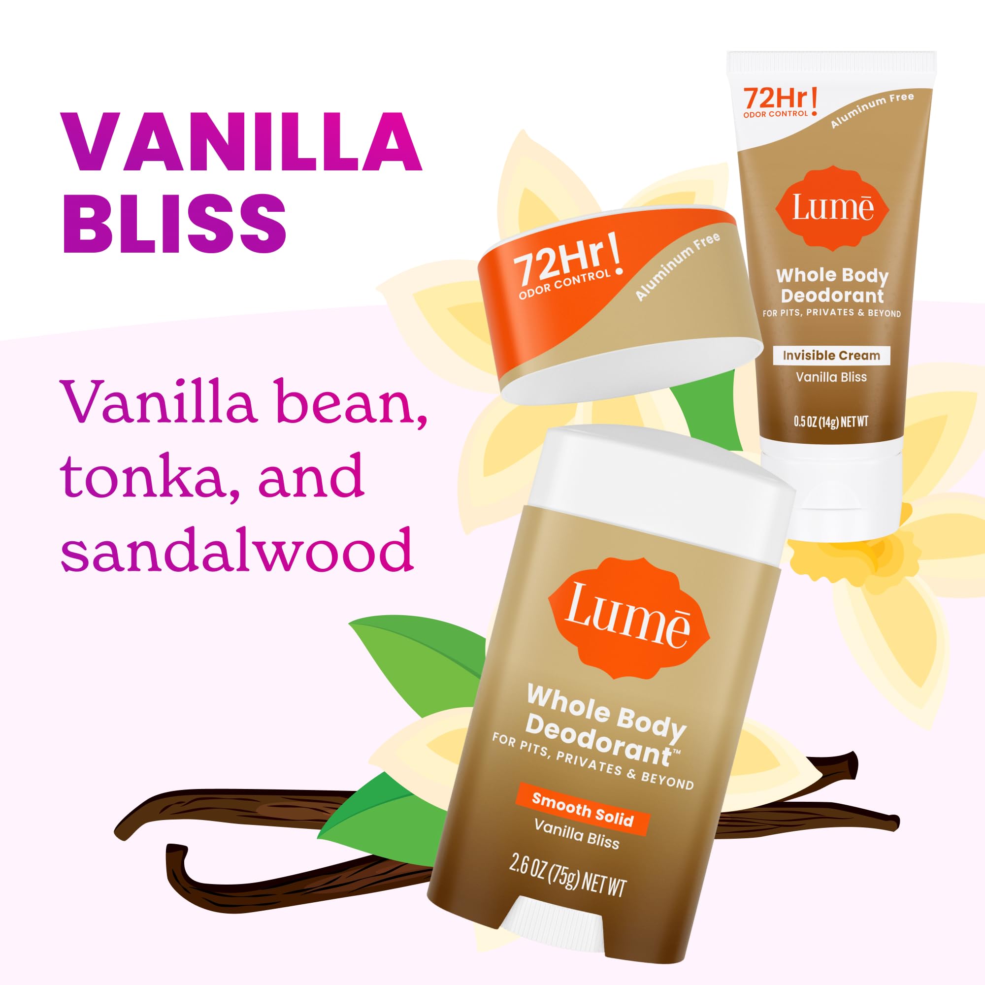 Lume Whole Body Deodorant Bundle – Invisible Cream Mini + Vanilla Bliss Solid Stick – 72-Hour Odor Control