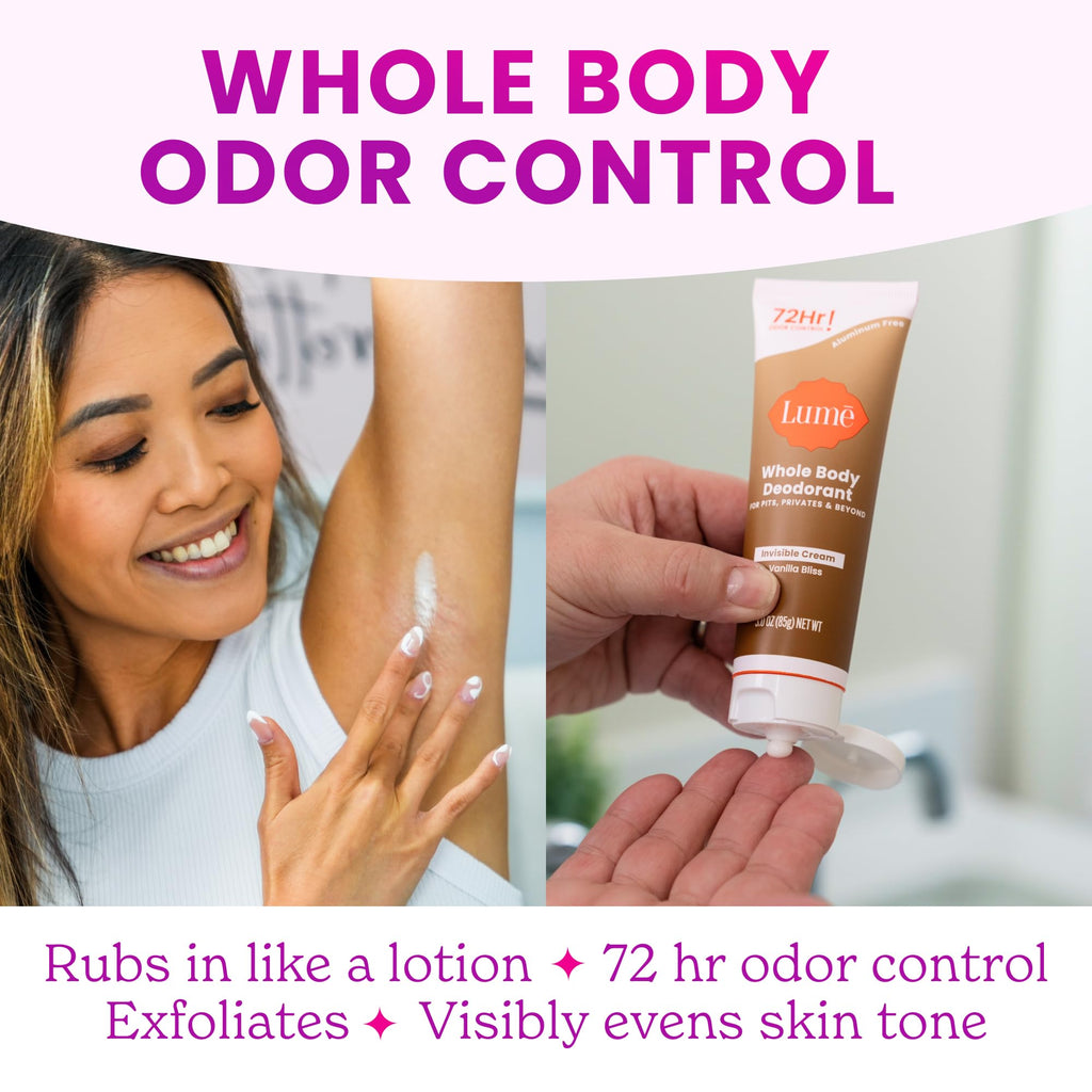 Lume Whole Body Deodorant - Invisible Cream Tube | 72-Hour Odor Control | Aluminum & Baking Soda Free | Vanilla Bliss