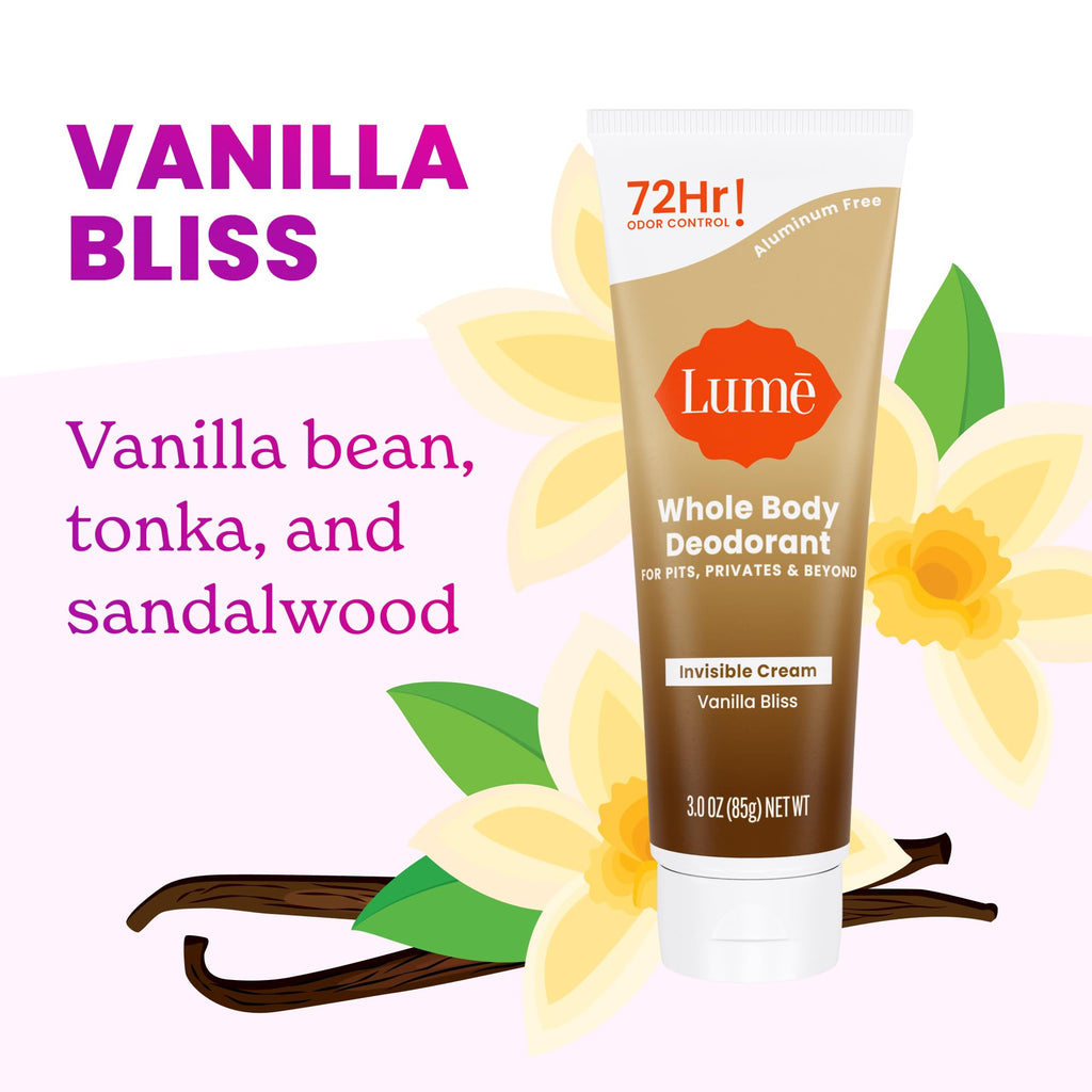 Lume Whole Body Deodorant – Invisible Cream Tube, Vanilla Bliss, Aluminum & Baking Soda Free | 72-Hour Odor Control (2-Pack)