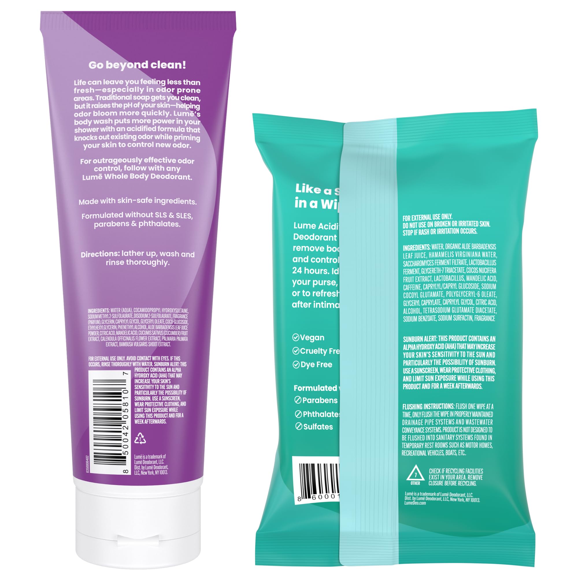 Lume Acidified Body Wash & Flushable Deodorant Wipes — 24-Hour Odor Control | Lavender Sage + Cucumber