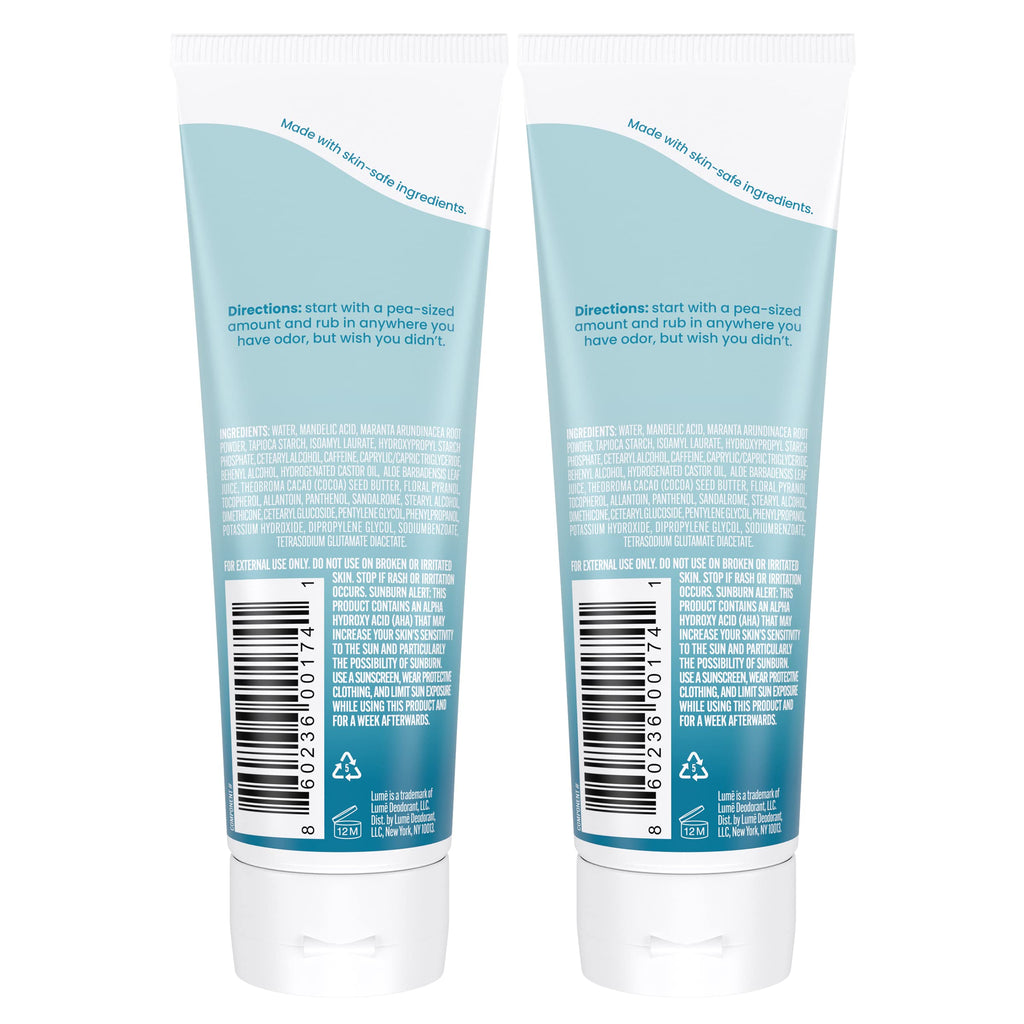 Lume Whole Body Deodorant – Invisible Cream Tube, 72 Hour Odor Control – Aluminum & Baking Soda Free – Unscented (2-Pack, 3.0 oz)