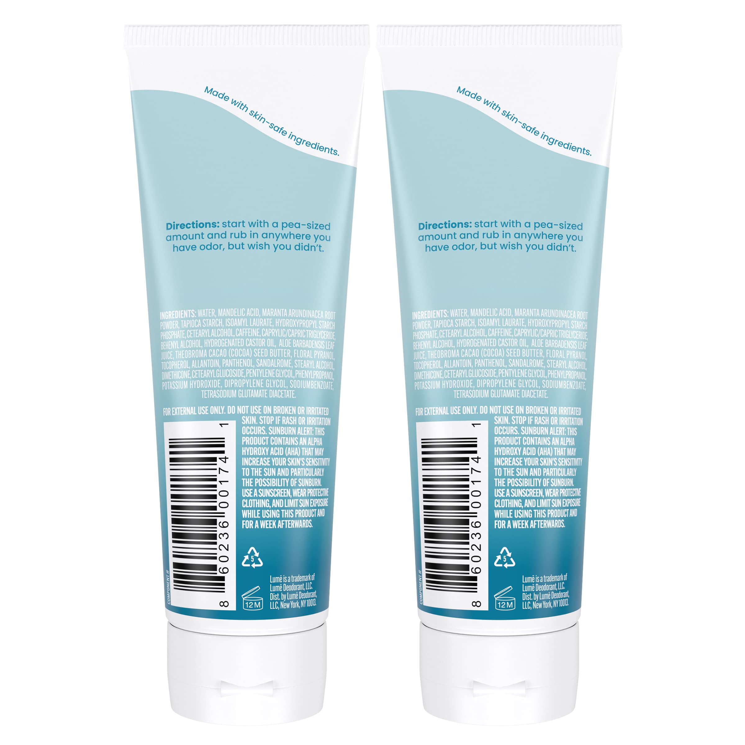 Lume Whole Body Deodorant – Invisible Cream Tube, 72 Hour Odor Control – Aluminum & Baking Soda Free – Unscented (2-Pack, 3.0 oz)