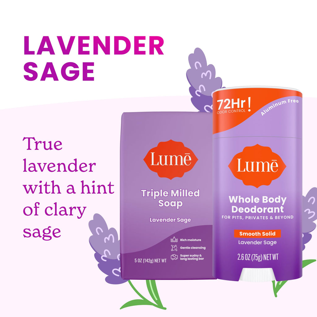 Lume Whole Body Deodorant and Soap — Lavender Sage, Aluminum- and Baking Soda-Free, 72-Hour Odor Control (2-Pack Deodorant Sticks) + 5 oz Triple-Milled Soap (2 Bars)
