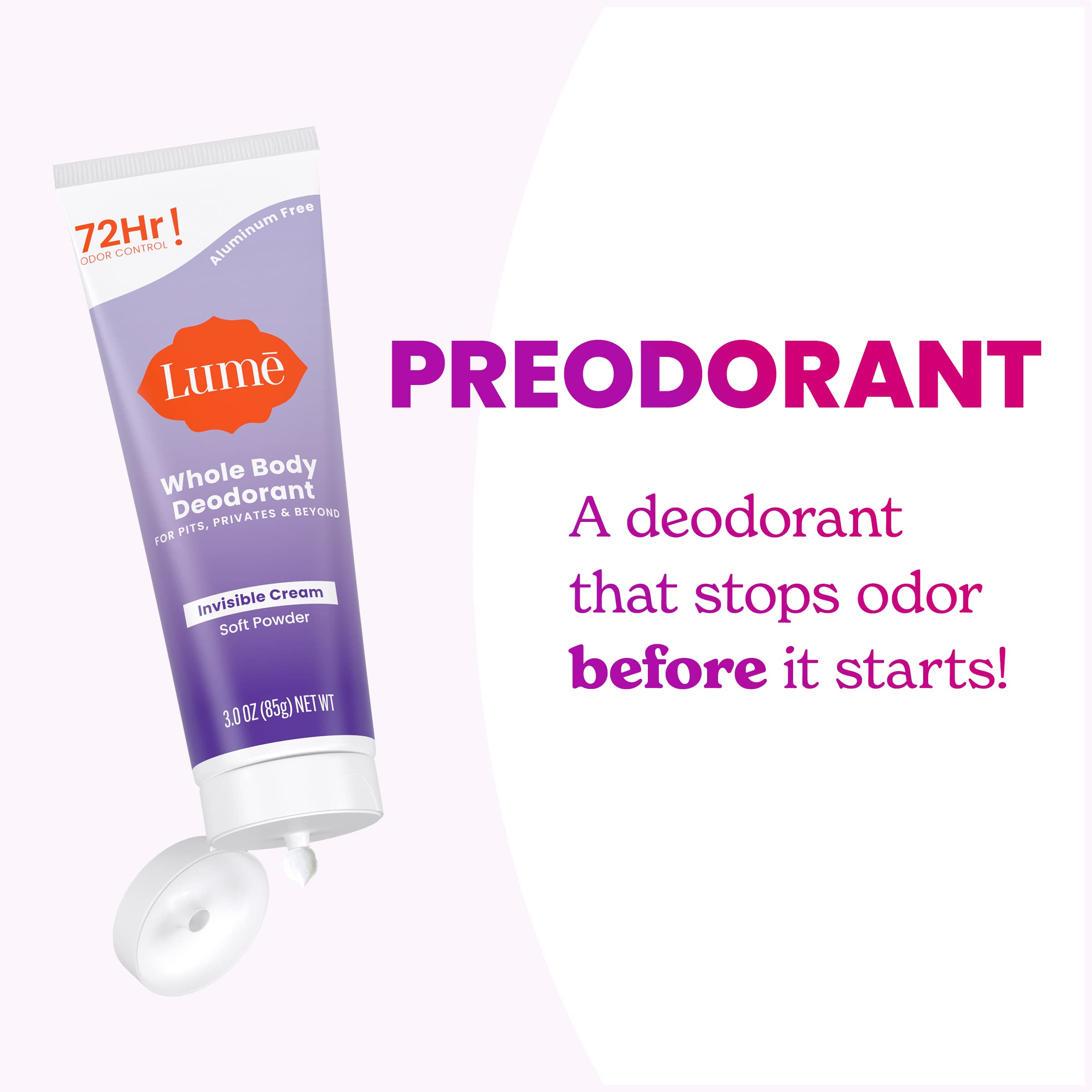 Lume Whole Body Deodorant - Invisible Cream Tube (2-Pack) | 72-Hour Odor Control | Aluminum & Baking Soda Free | Soft Powder