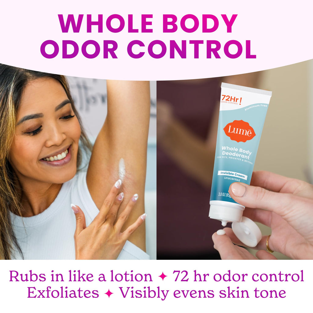 Lume Whole Body Deodorant – Invisible Cream Tube, 72 Hour Odor Control – Aluminum & Baking Soda Free – Unscented (2-Pack, 3.0 oz)