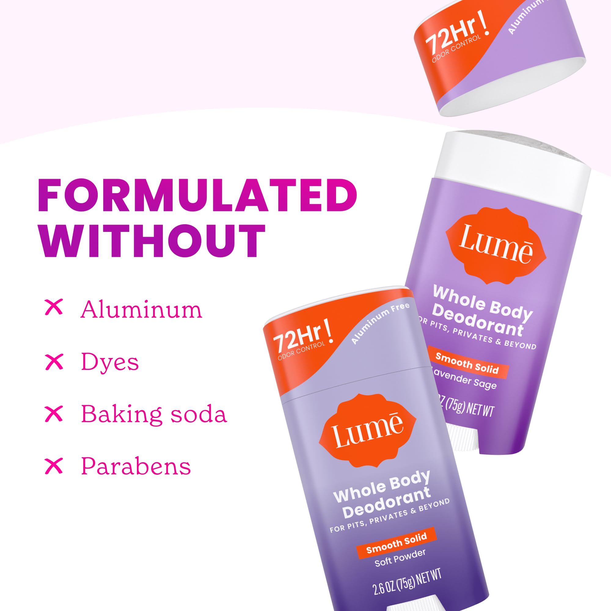 Lume Whole Body Deodorant – 72-Hour Odor Control | Aluminum Free, Baking Soda Free | 2-Pack (Soft Powder & Lavender Sage)