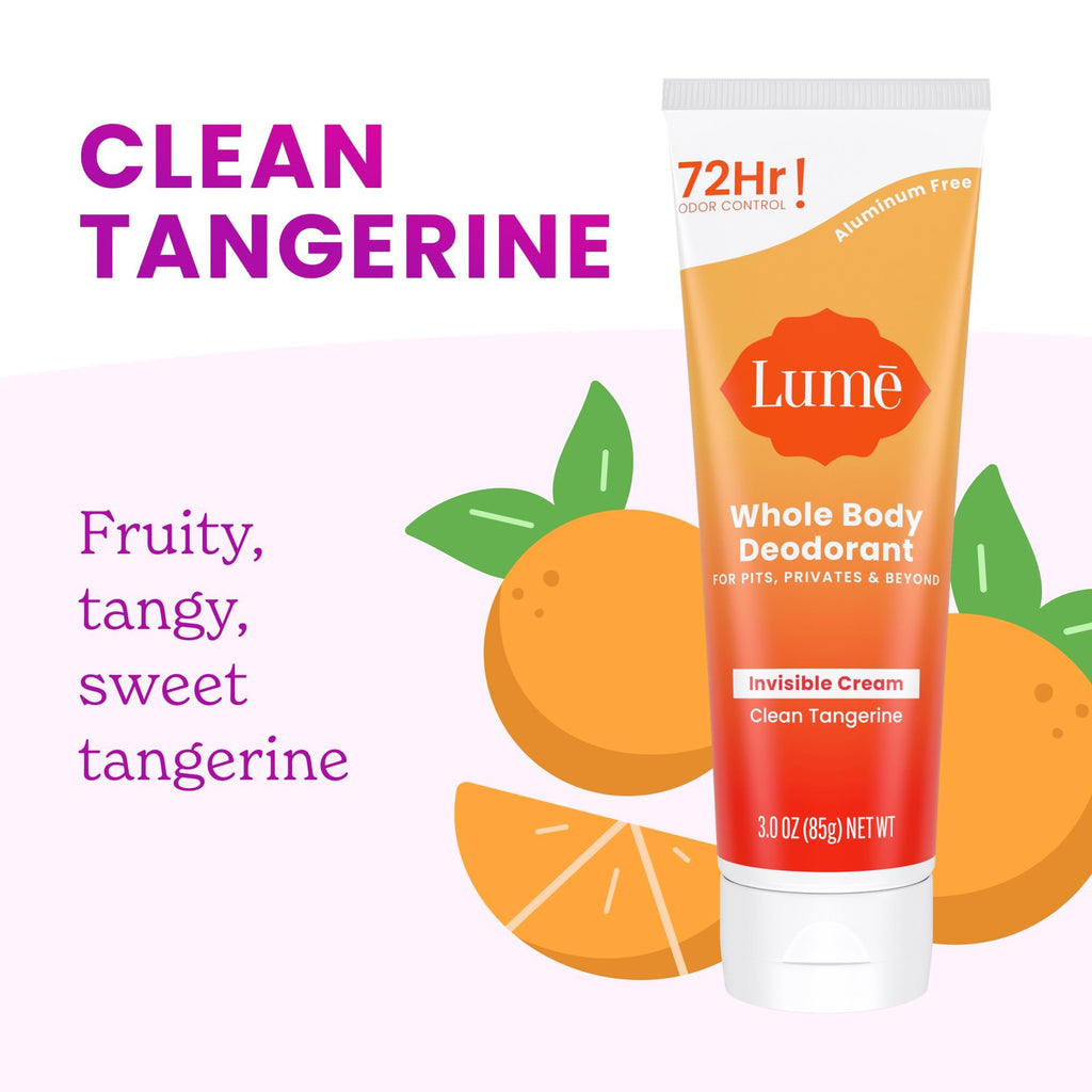 Lume Whole Body Deodorant - Invisible Cream Tube, 72-Hour Odor Control, Aluminum & Baking Soda Free - Clean Tangerine (Pack of 2)