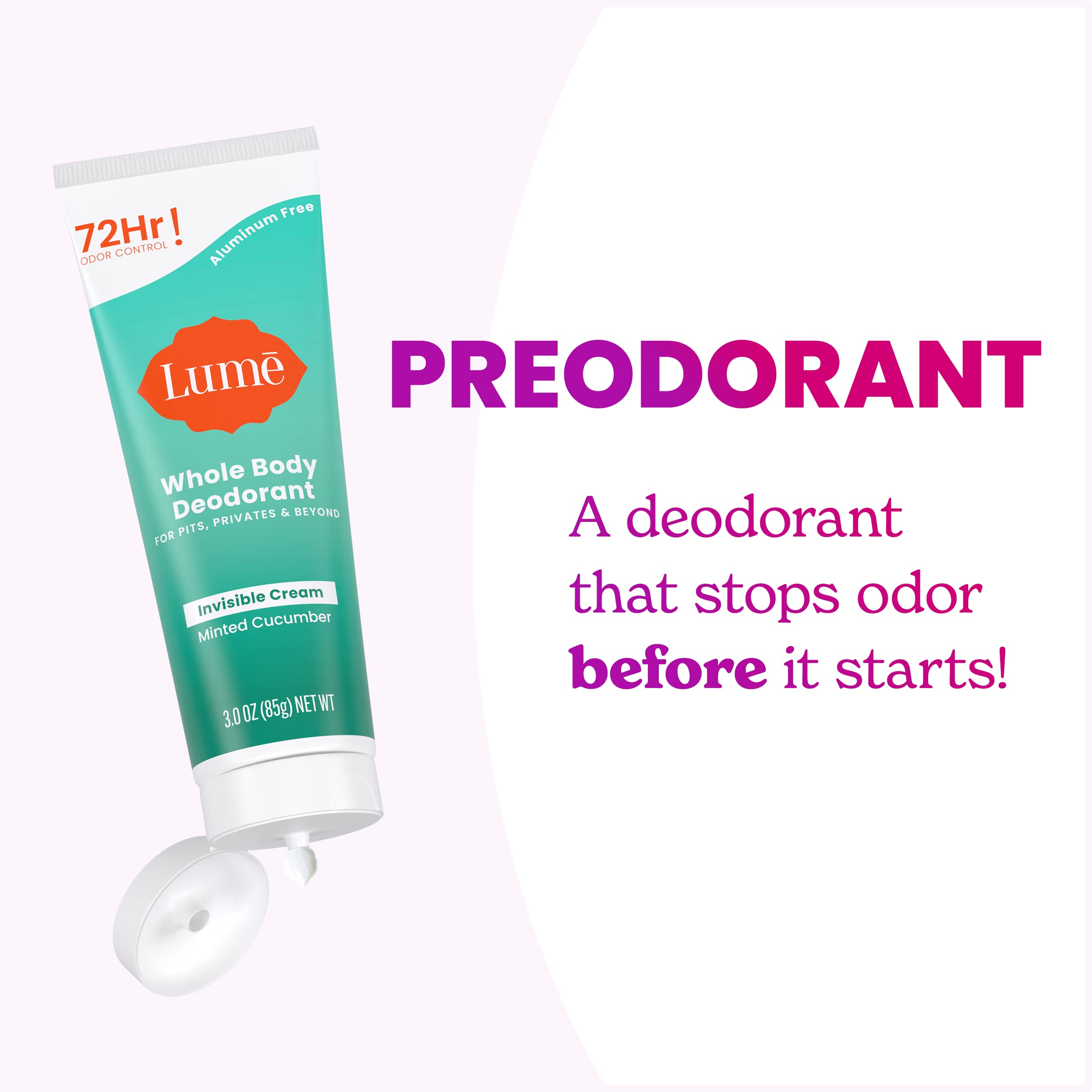 Lume Whole Body Deodorant - Invisible Cream Tube | 72-Hour Odor Control | Minted Cucumber