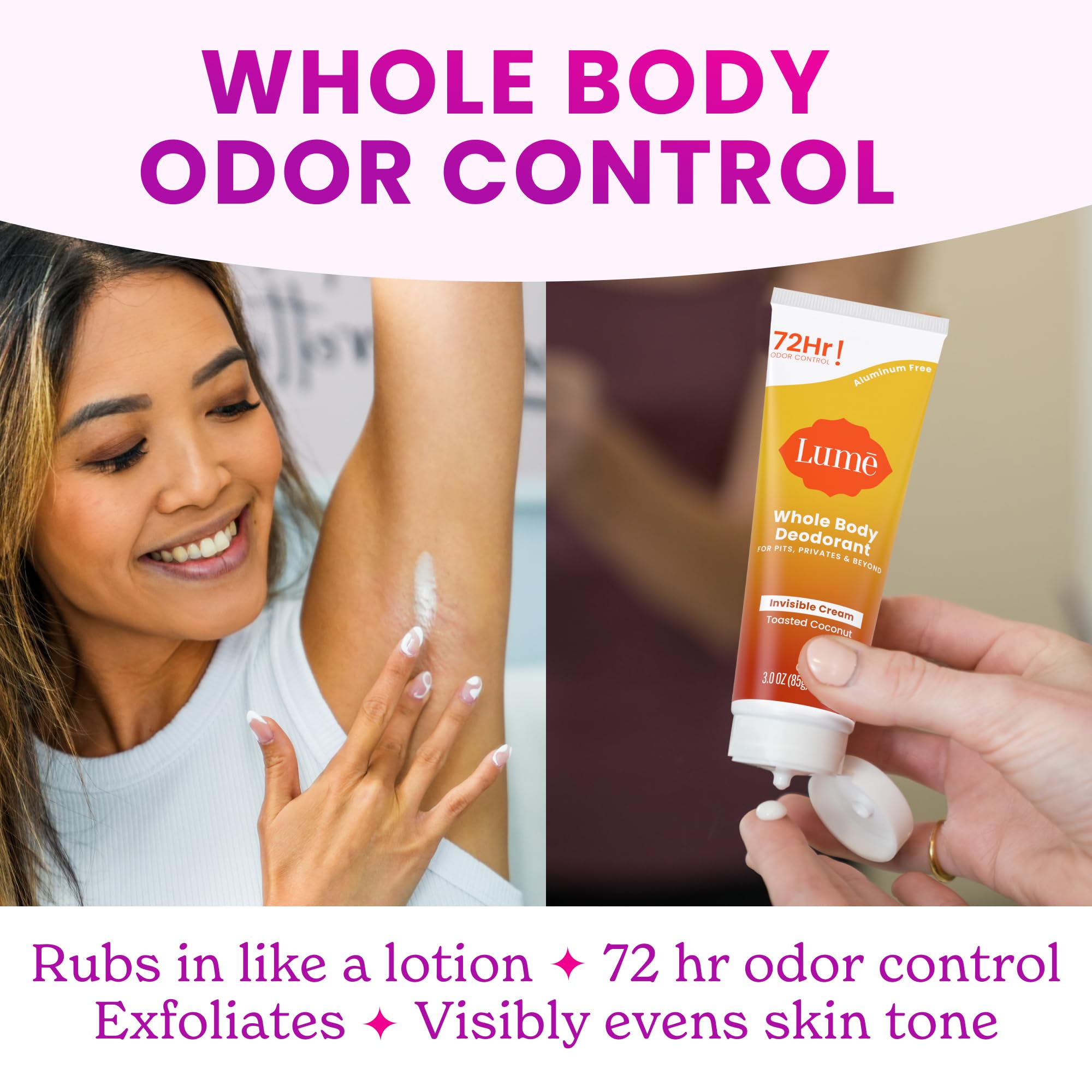Lume Whole Body Deodorant - Invisible Cream Tube - 72 Hour Odor Control - Aluminum Free, Baking Soda Free, Skin Safe - Toasted Coconut (Pack of 2, 3.0 oz)
