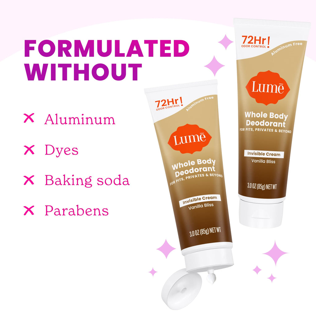 Lume Whole Body Deodorant – Invisible Cream Tube, Vanilla Bliss, Aluminum & Baking Soda Free | 72-Hour Odor Control (2-Pack)