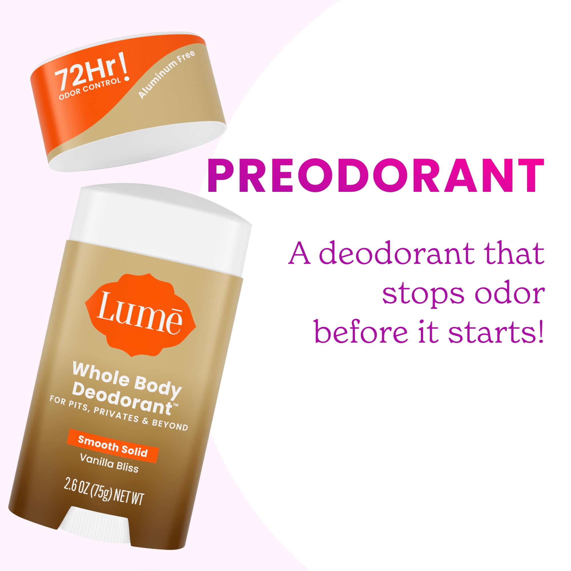 Lume Whole Body Deodorant – Vanilla Bliss | Aluminum Free, Baking Soda Free, 72-Hour Odor Control | Pack of 3 (2.6 oz each)