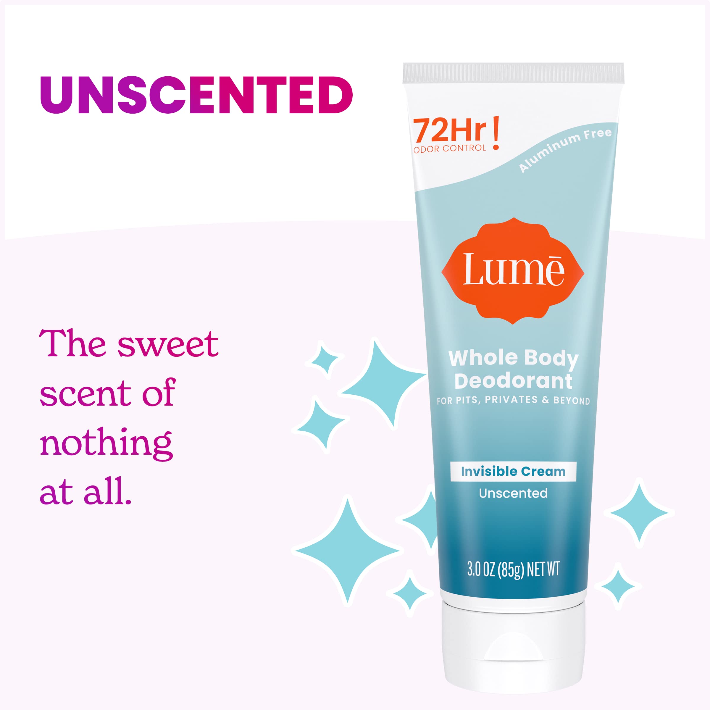 Lume Whole Body Deodorant – Invisible Cream Tube, 72 Hour Odor Control – Aluminum & Baking Soda Free – Unscented (2-Pack, 3.0 oz)