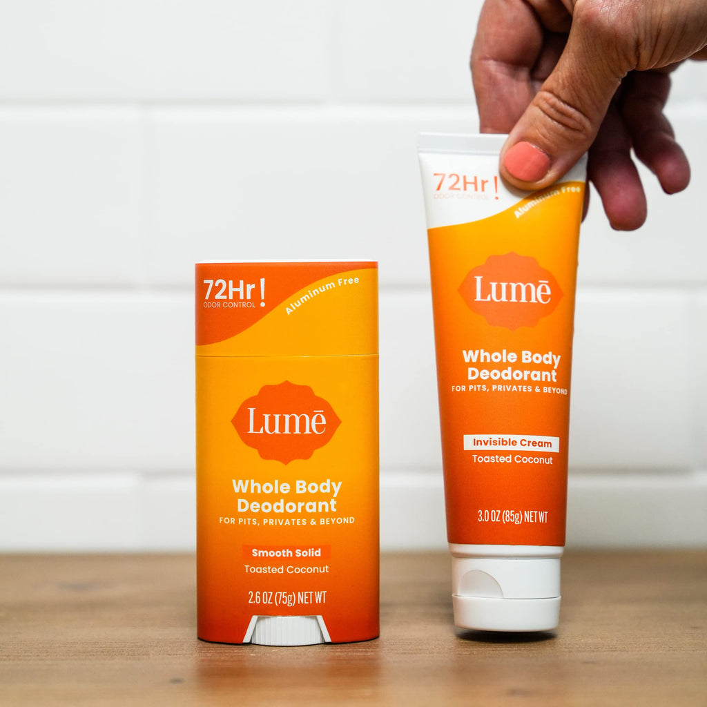 Lume Whole Body Deodorant – Aluminum Free, 72-Hour Odor Control – Toasted Coconut (Cream Tube + Solid Stick Bundle)