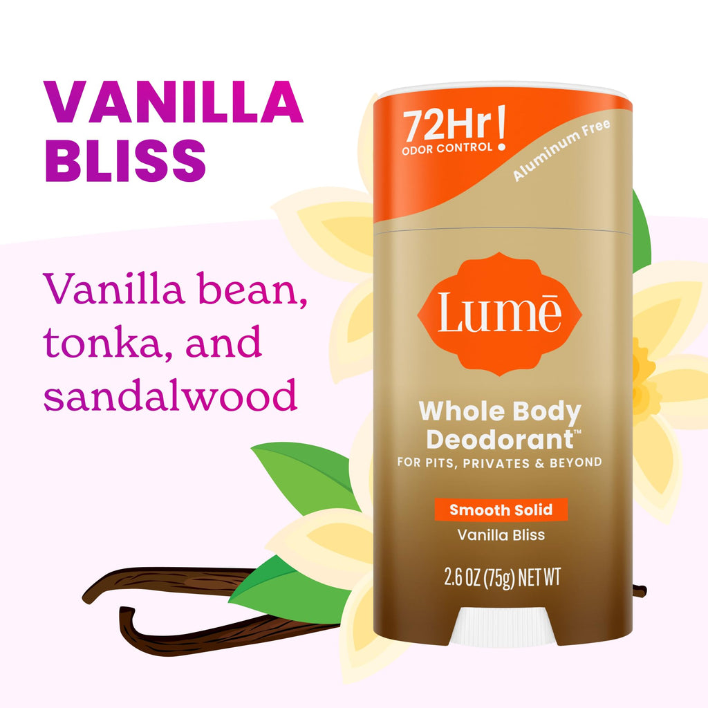Lume Whole Body Deodorant Vanilla Bliss – Aluminum-Free, Baking Soda Free, 72-Hour Odor Control (2-Pack)