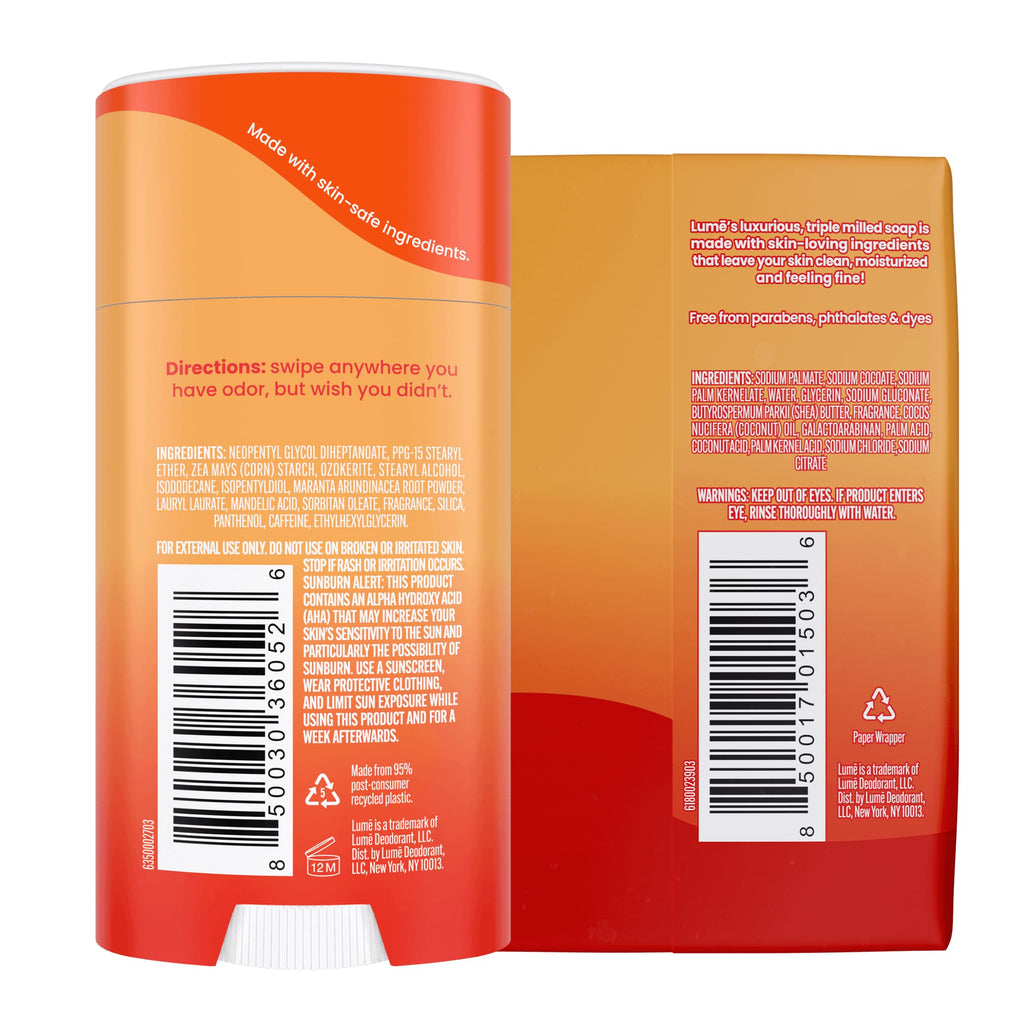 Lume Whole Body Deodorant & Soap – Clean Tangerine Bundle (2x 2.6oz Sticks + 2x 5oz Soaps) Aluminum & Baking Soda Free