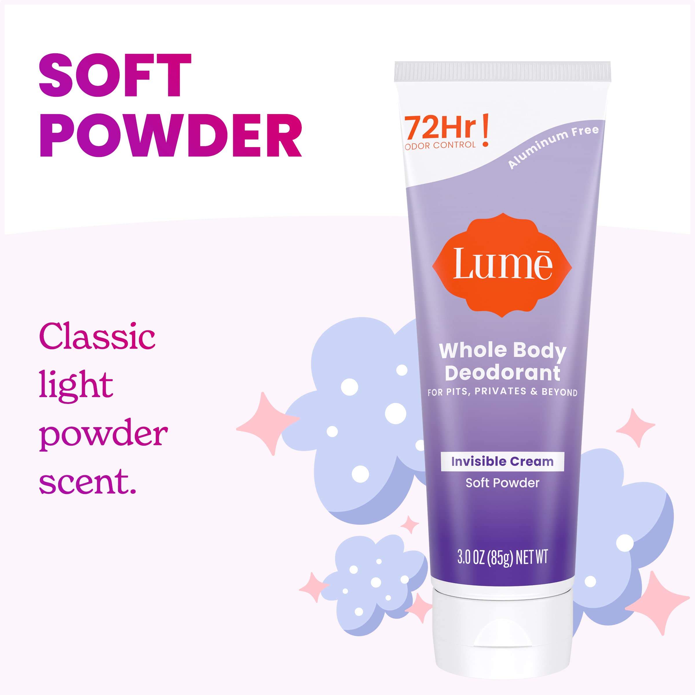 Lume Whole Body Deodorant - Invisible Cream Tube (2-Pack) | 72-Hour Odor Control | Aluminum & Baking Soda Free | Soft Powder