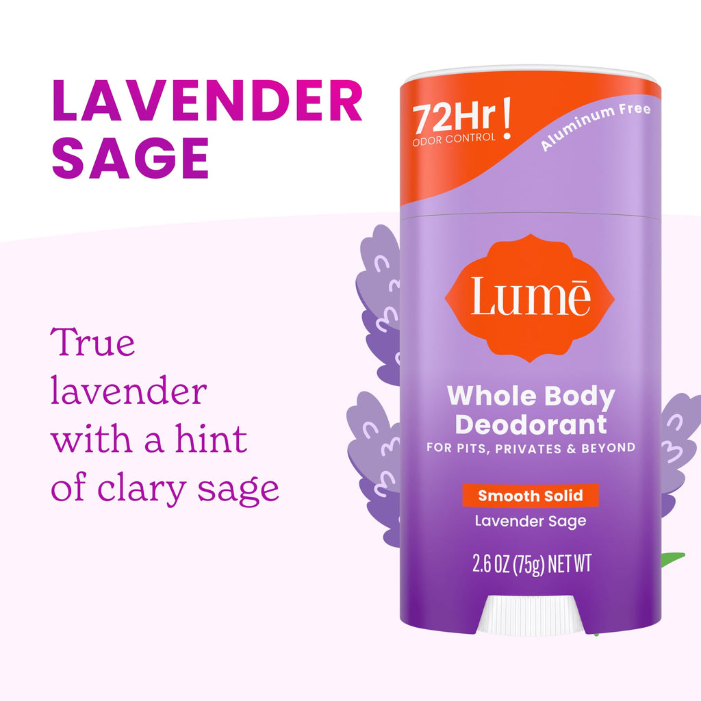 Lume Whole Body Deodorant – 72-Hour Odor Control | Aluminum Free, Baking Soda Free | 2-Pack (Soft Powder & Lavender Sage)