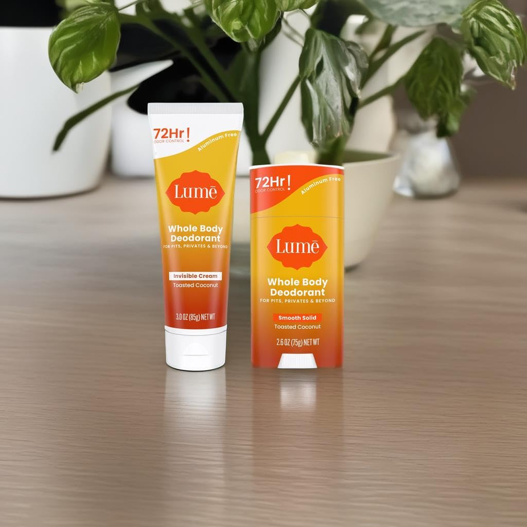 Lume Whole Body Deodorant – Aluminum Free, 72-Hour Odor Control – Toasted Coconut (Cream Tube + Solid Stick Bundle)