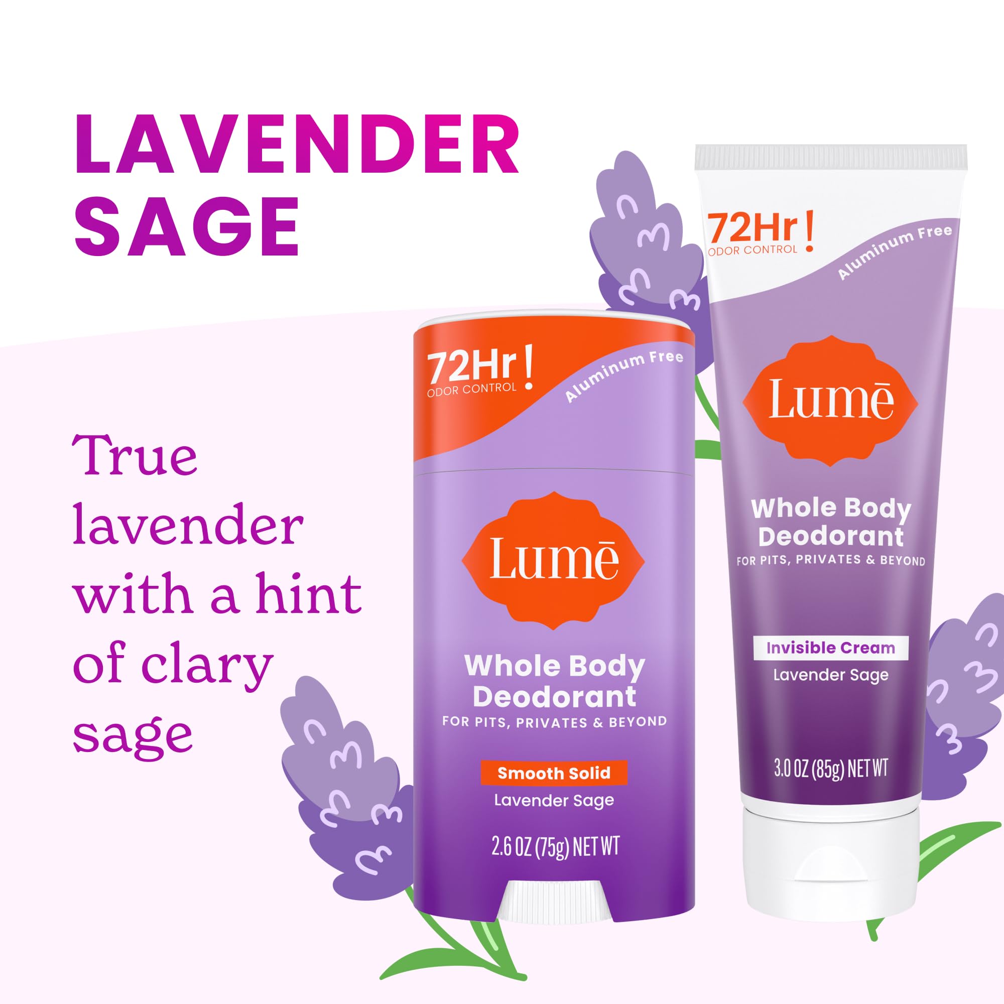 Lume Whole Body Deodorant Bundle - Lavender Sage Cream & Solid, Aluminum Free, 72-Hour Odor Control