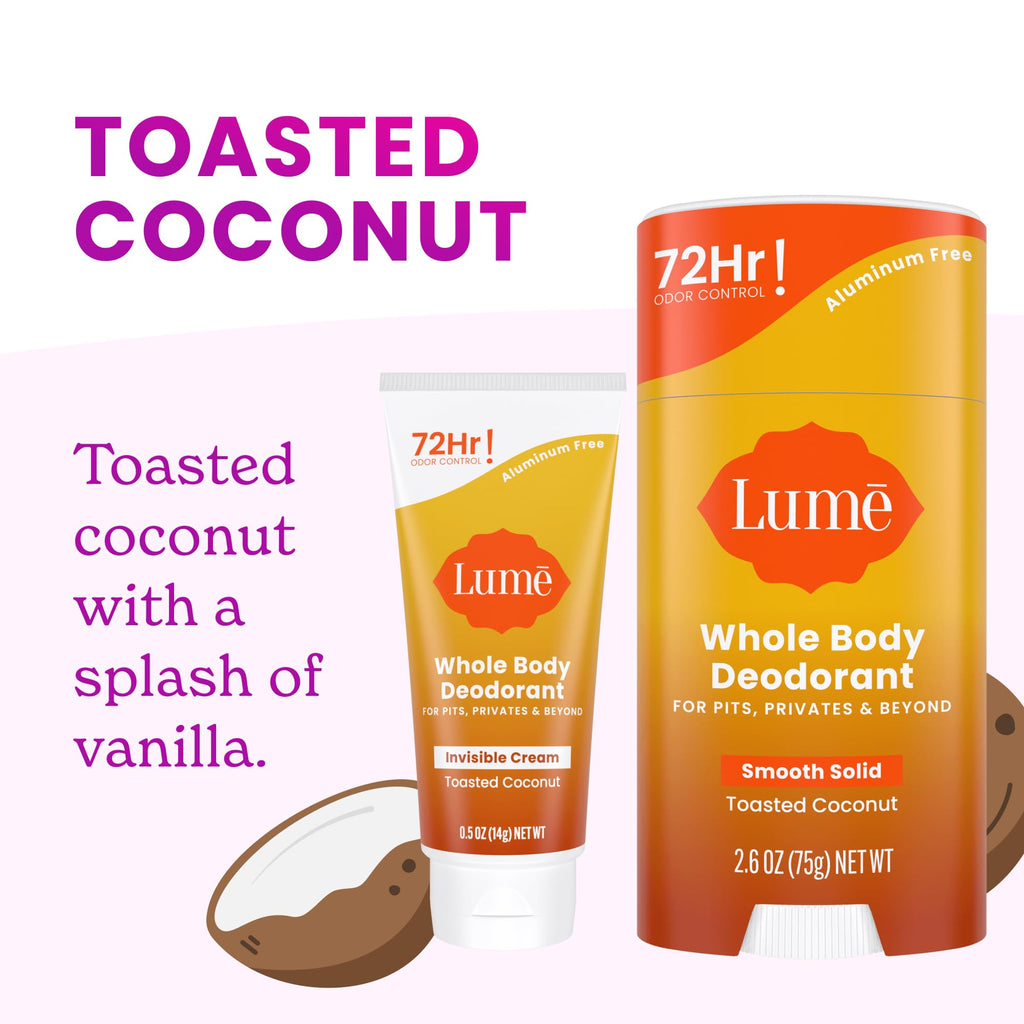 Lume Whole Body Deodorant Bundle – 72 Hour Odor Control, Aluminum & Baking Soda Free, Toasted Coconut