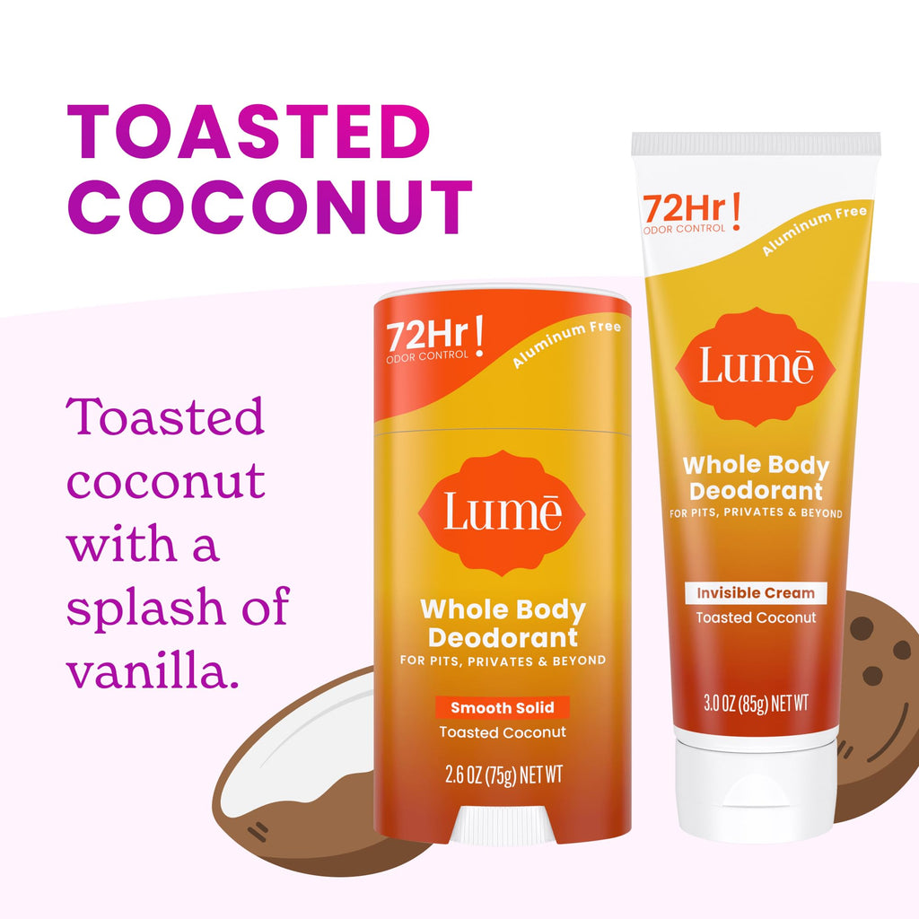 Lume Whole Body Deodorant – Aluminum Free, 72-Hour Odor Control – Toasted Coconut (Cream Tube + Solid Stick Bundle)