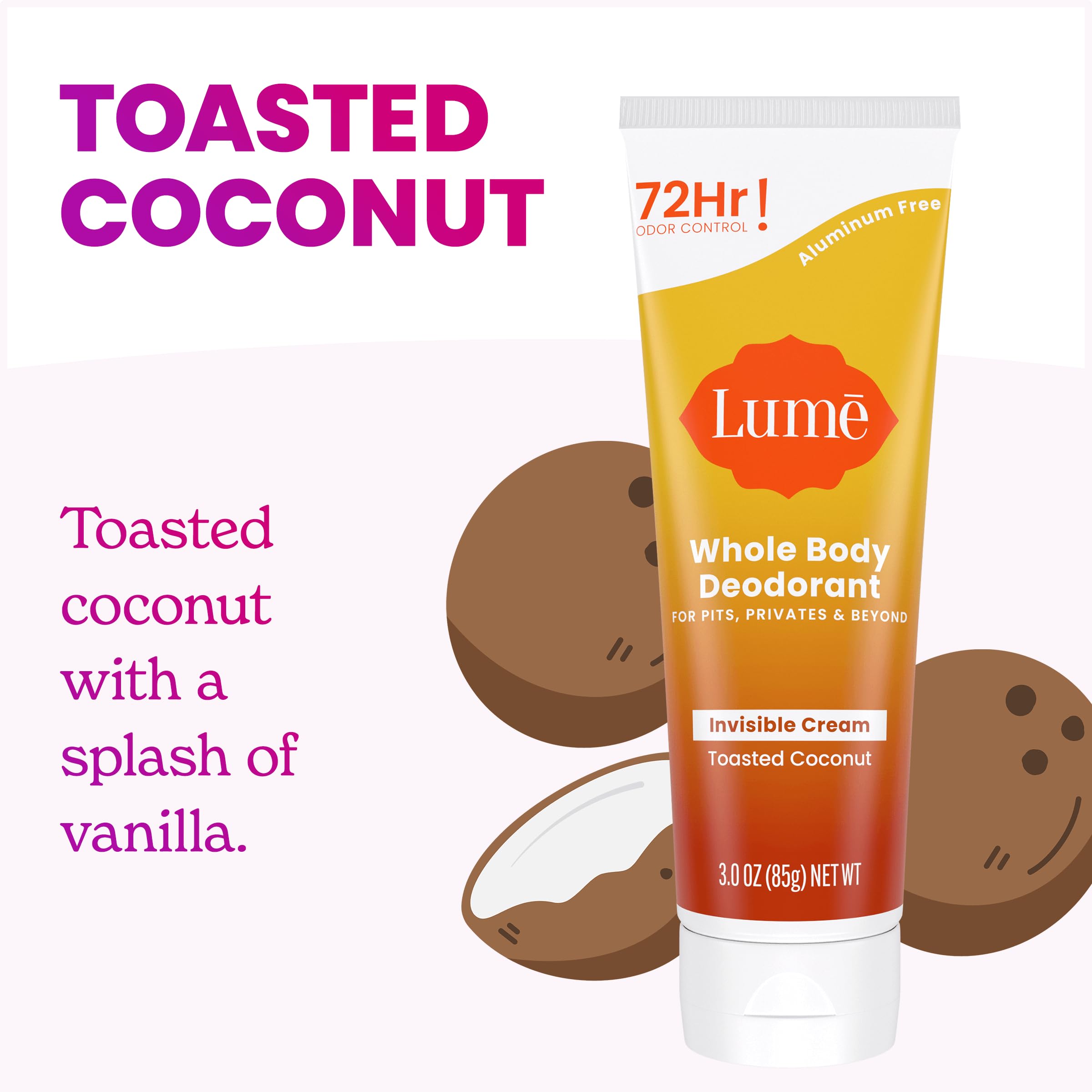 Lume Whole Body Deodorant - Invisible Cream Tube - 72 Hour Odor Control - Aluminum Free, Baking Soda Free, Skin Safe - Toasted Coconut (Pack of 2, 3.0 oz)