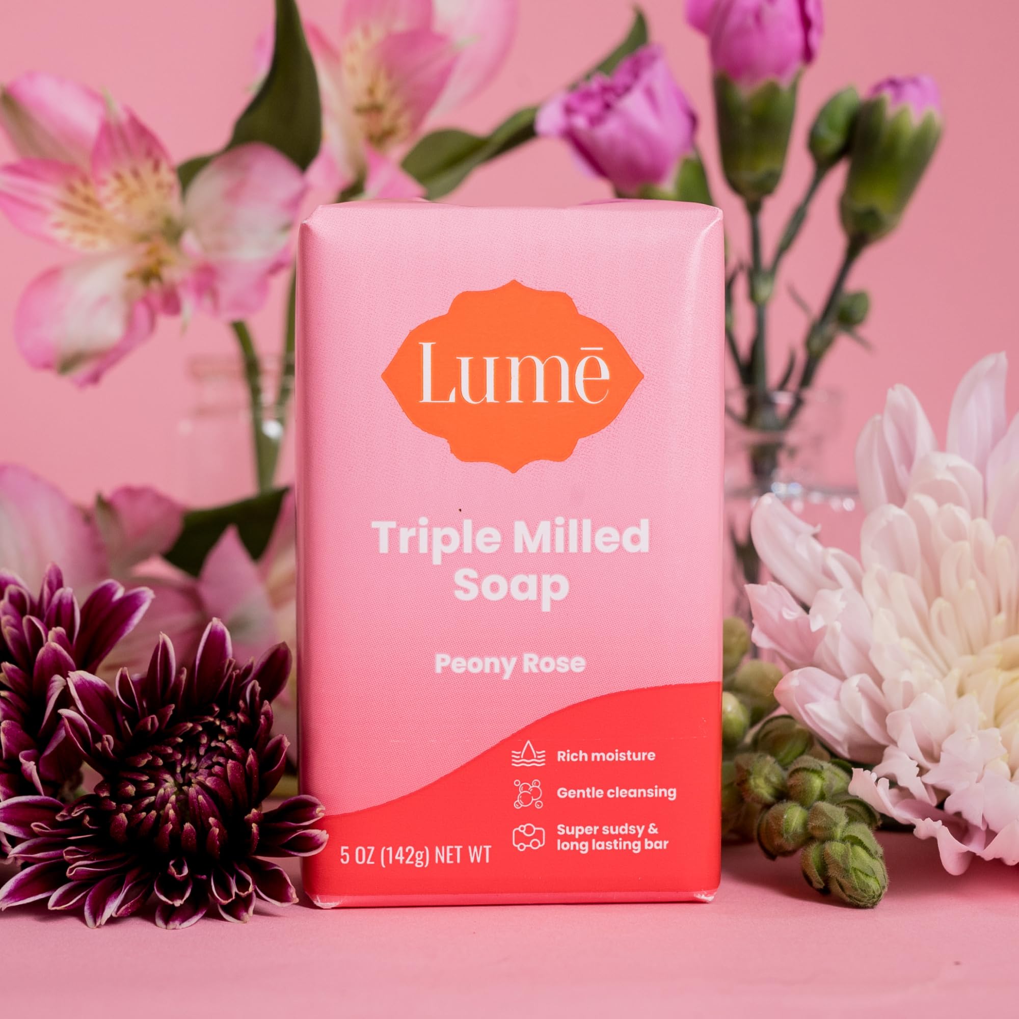 Lume Triple Milled Bar Soap – Rich Moisture & Gentle Cleansing | Peony Rose, Pack of 4 (5 oz each)
