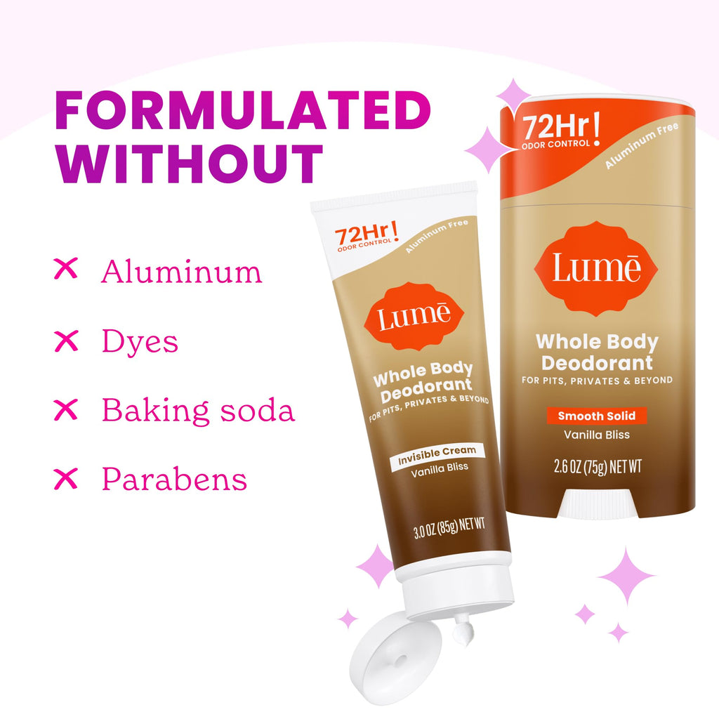 Lume Whole Body Deodorant – Vanilla Bliss Tube & Stick, Aluminum & Baking Soda Free, 72-Hour Odor Control