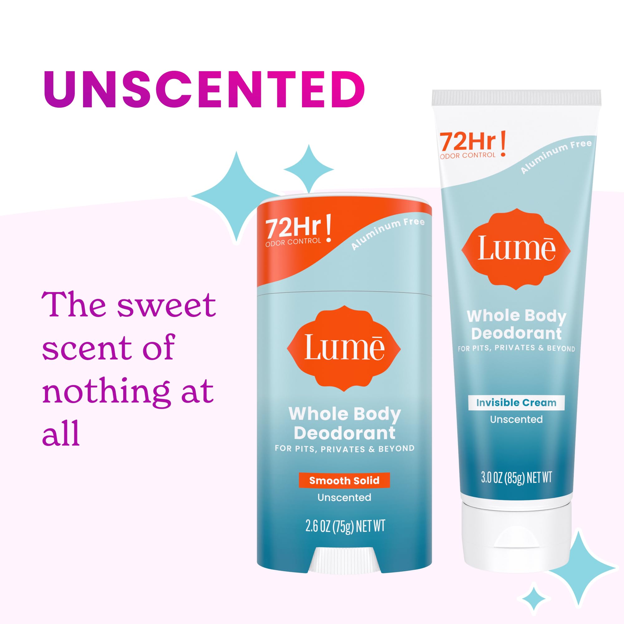 Lume Whole Body Deodorant – Invisible Cream & Solid Unscented Bundle | 72-Hour Odor Control, Aluminum & Baking Soda Free