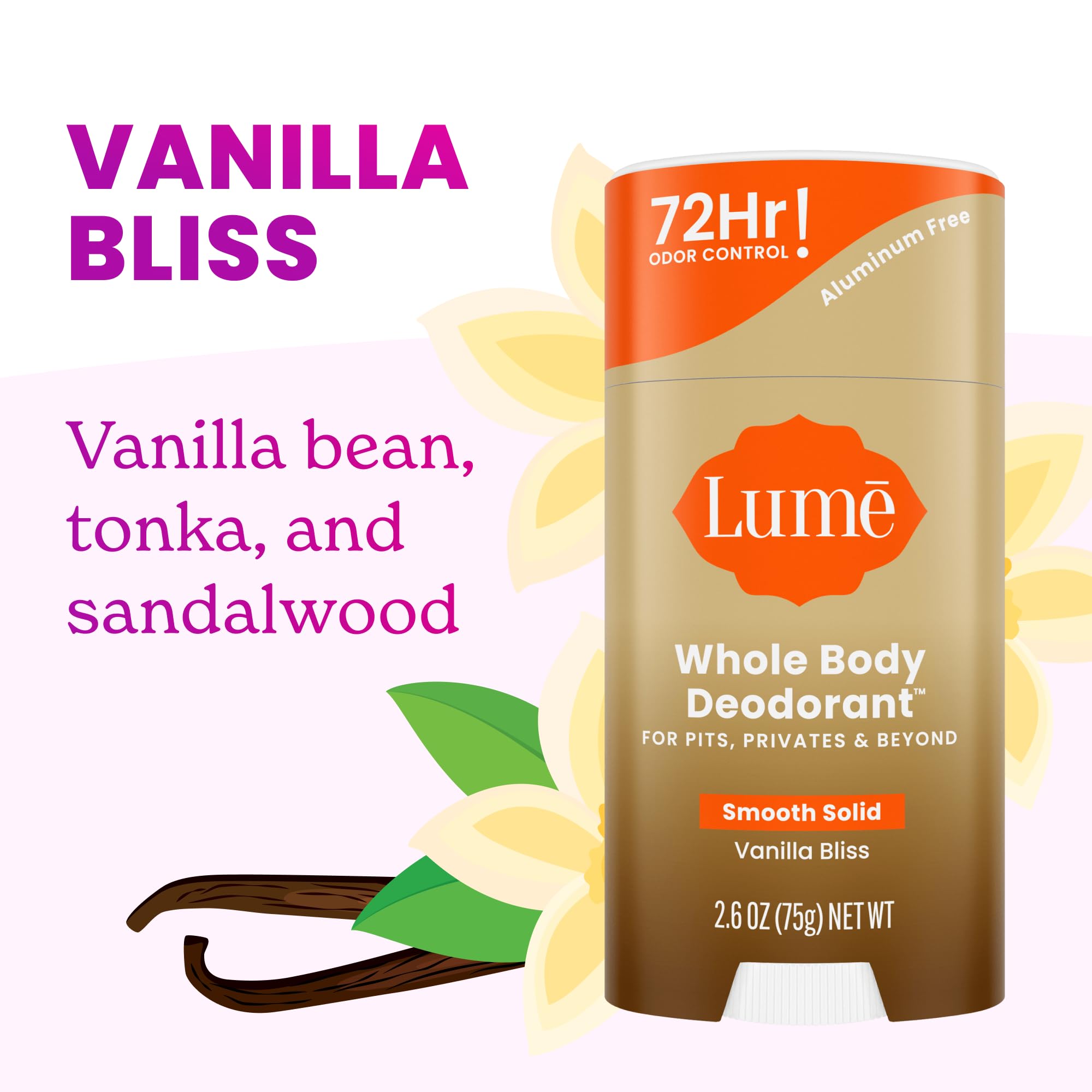Lume Whole Body Deodorant – Vanilla Bliss | Aluminum Free, Baking Soda Free, 72-Hour Odor Control | Pack of 3 (2.6 oz each)
