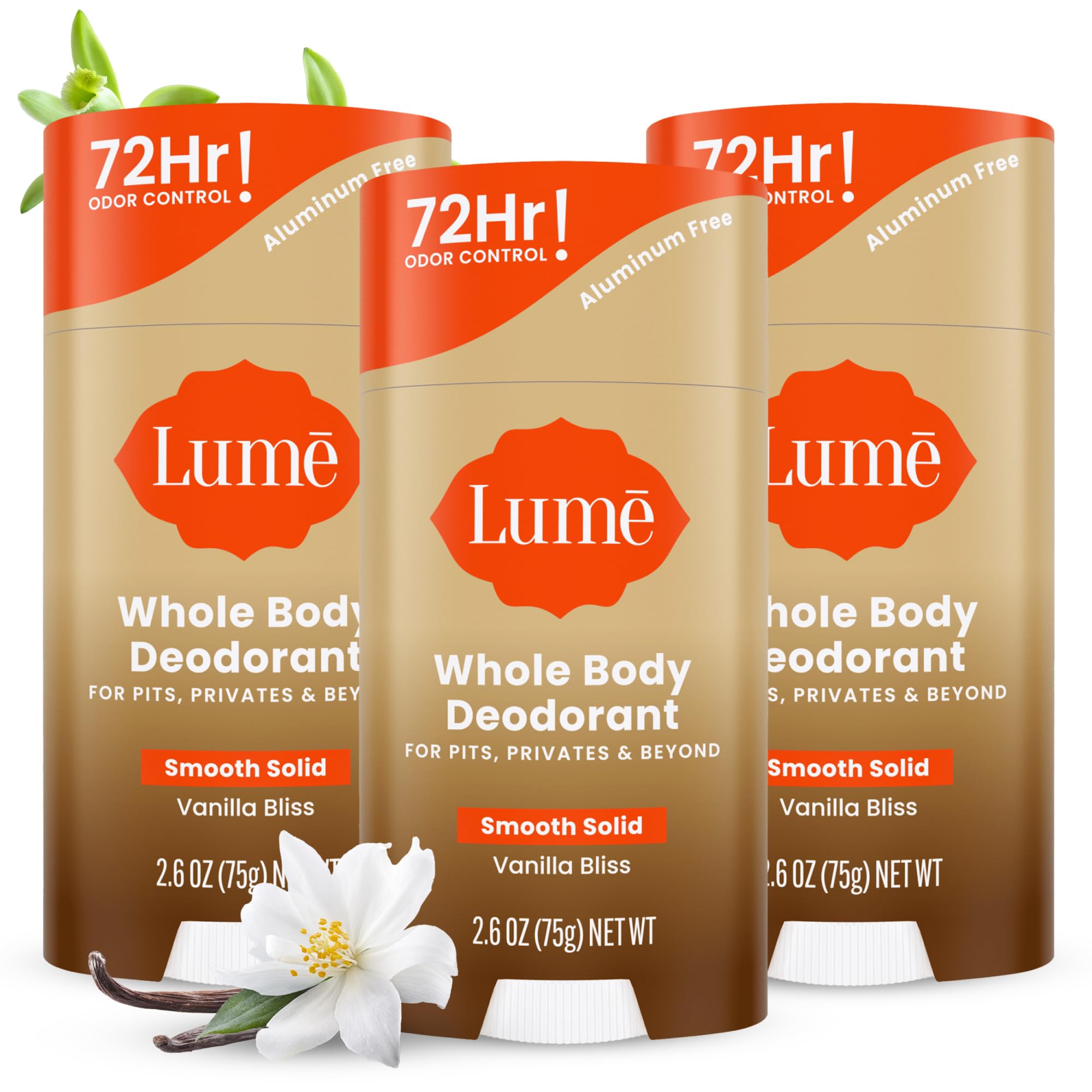 Lume Whole Body Deodorant – Vanilla Bliss | Aluminum Free, Baking Soda Free, 72-Hour Odor Control | Pack of 3 (2.6 oz each)
