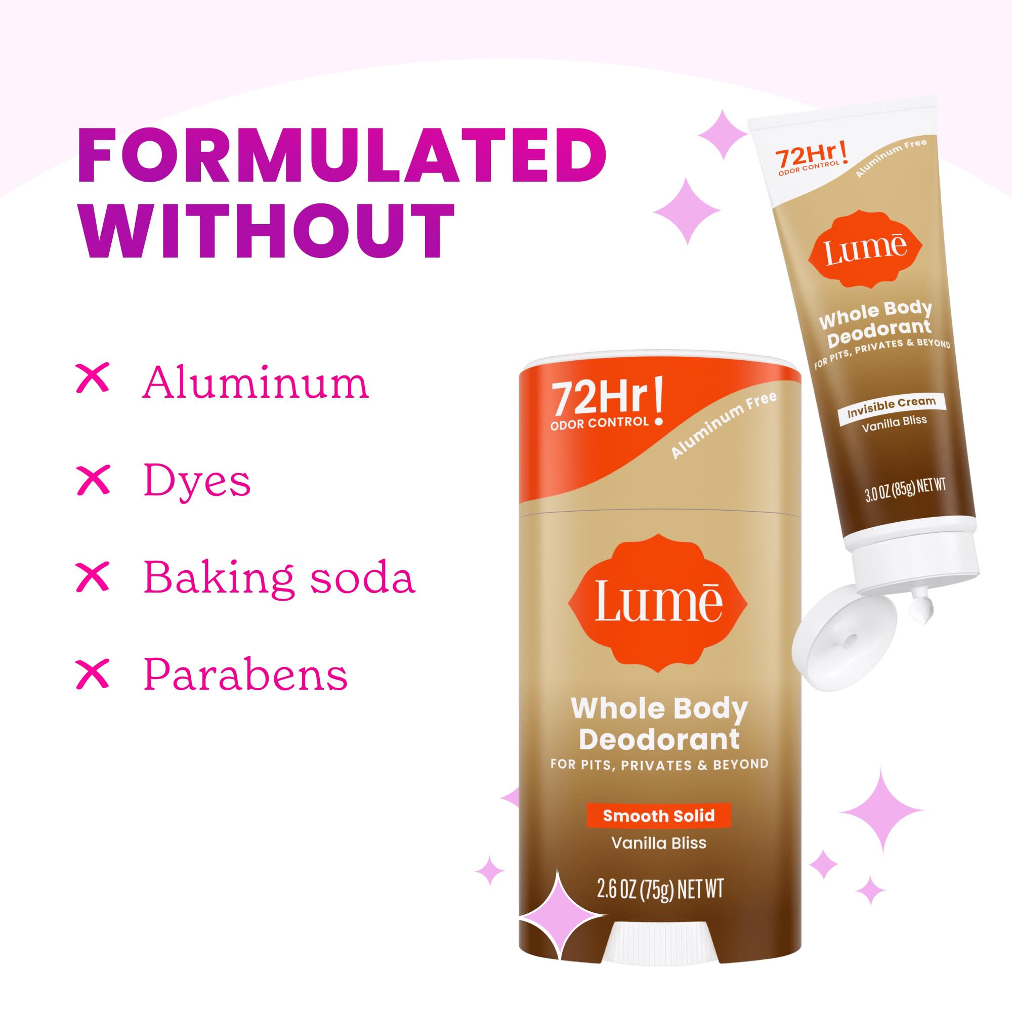 Lume Whole Body Deodorant Bundle – Invisible Cream Mini + Vanilla Bliss Solid Stick – 72-Hour Odor Control