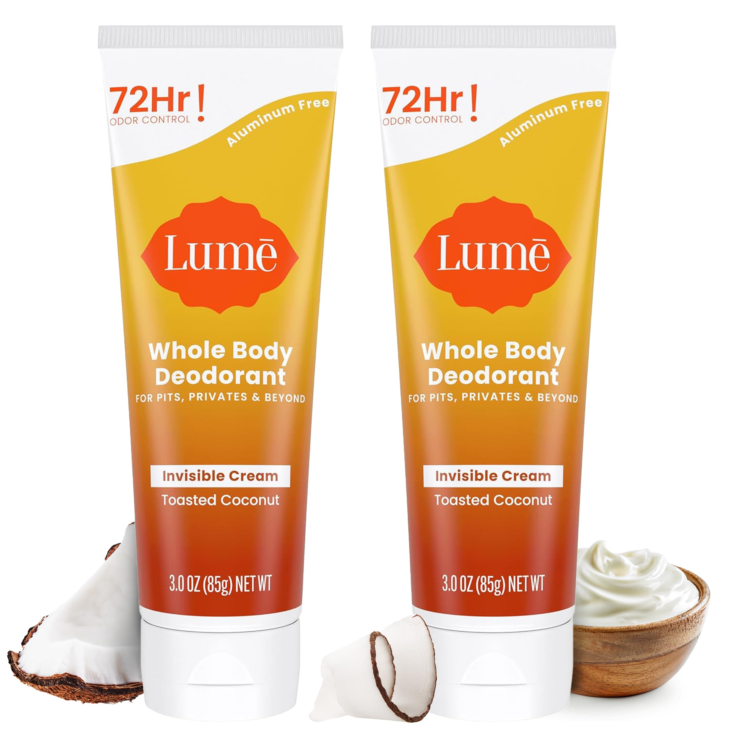 Lume Whole Body Deodorant - Invisible Cream Tube - 72 Hour Odor Control - Aluminum Free, Baking Soda Free, Skin Safe - Toasted Coconut (Pack of 2, 3.0 oz)