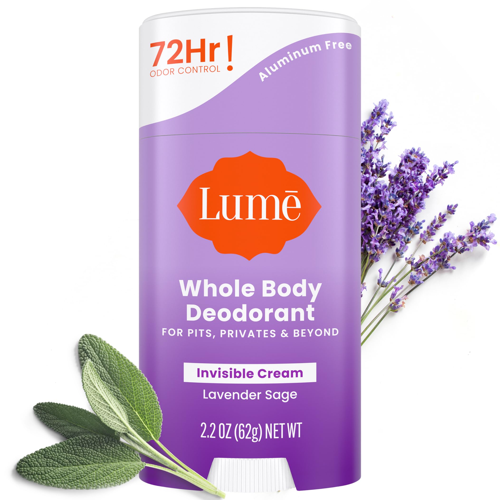 Lume Whole Body Deodorant - Invisible Cream Stick, 72 Hour Odor Control, Aluminum-Free, Baking Soda-Free, Lavender Sage