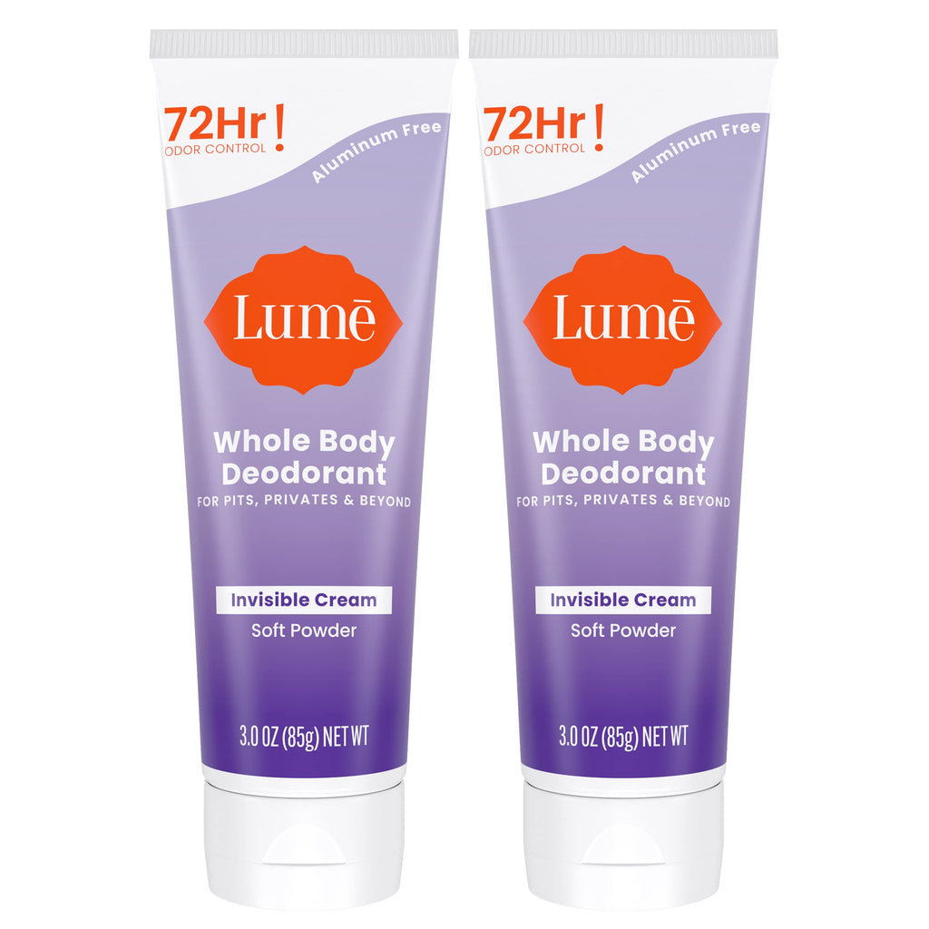 Lume Whole Body Deodorant - Invisible Cream Tube (2-Pack) | 72-Hour Odor Control | Aluminum & Baking Soda Free | Soft Powder