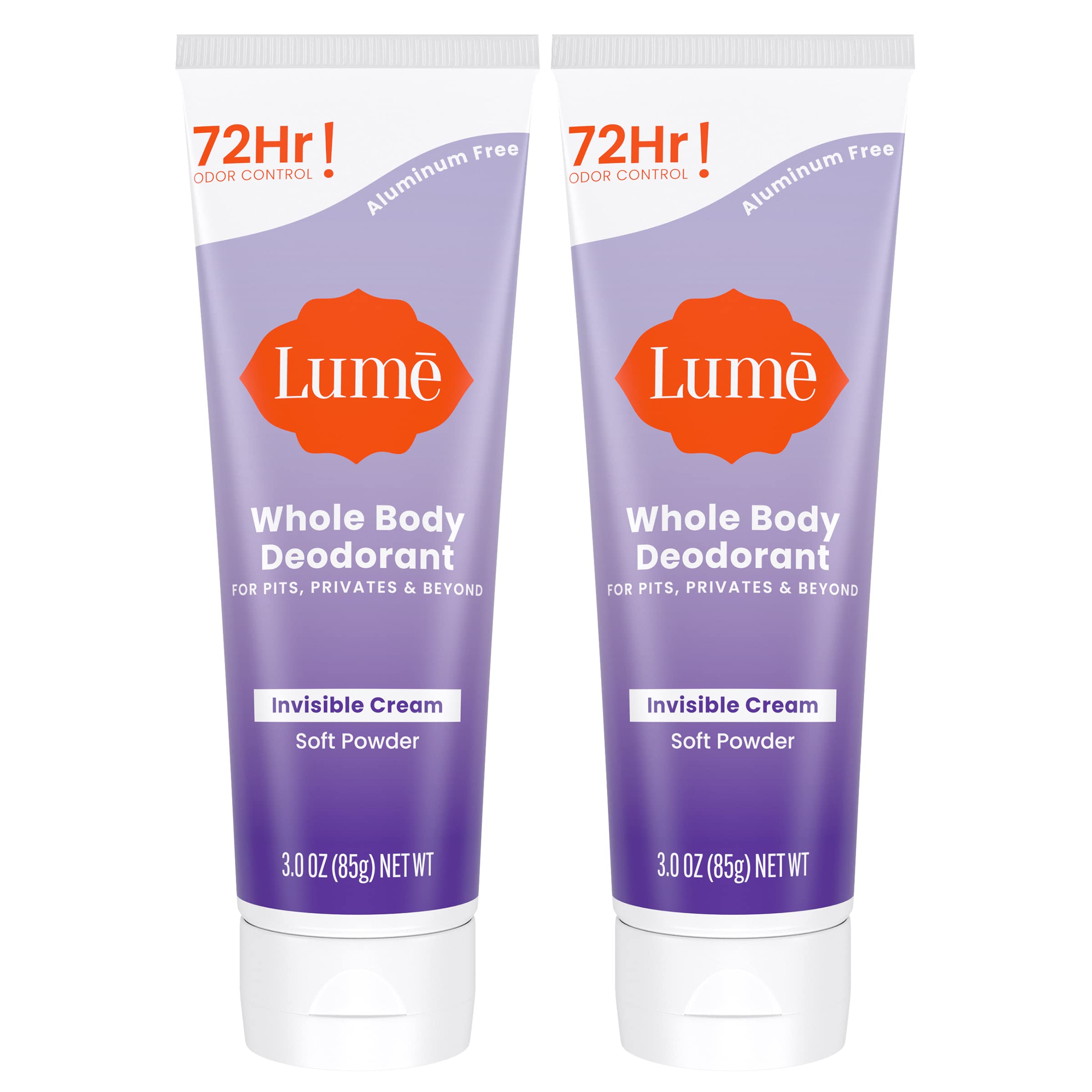 Lume Whole Body Deodorant - Invisible Cream Tube (2-Pack) | 72-Hour Odor Control | Aluminum & Baking Soda Free | Soft Powder