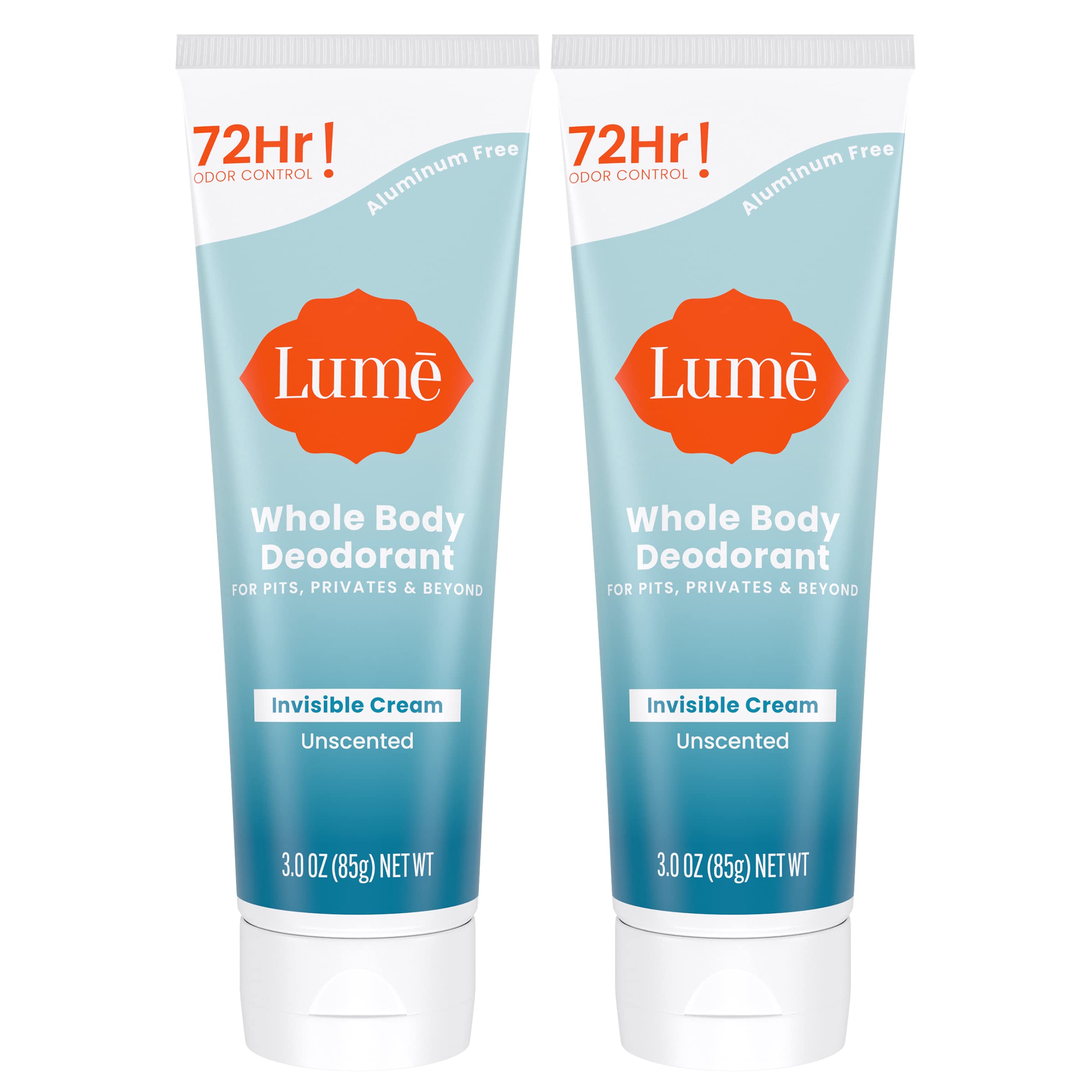 Lume Whole Body Deodorant – Invisible Cream Tube, 72 Hour Odor Control – Aluminum & Baking Soda Free – Unscented (2-Pack, 3.0 oz)