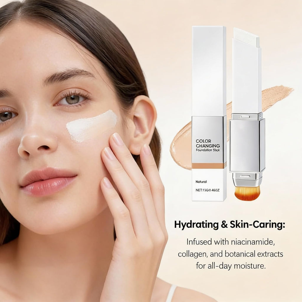 Lumine Skin Color-Changing Foundation Stick – Dual-Ended, Detachable Brush, Hydrating Full to Medium Coverage