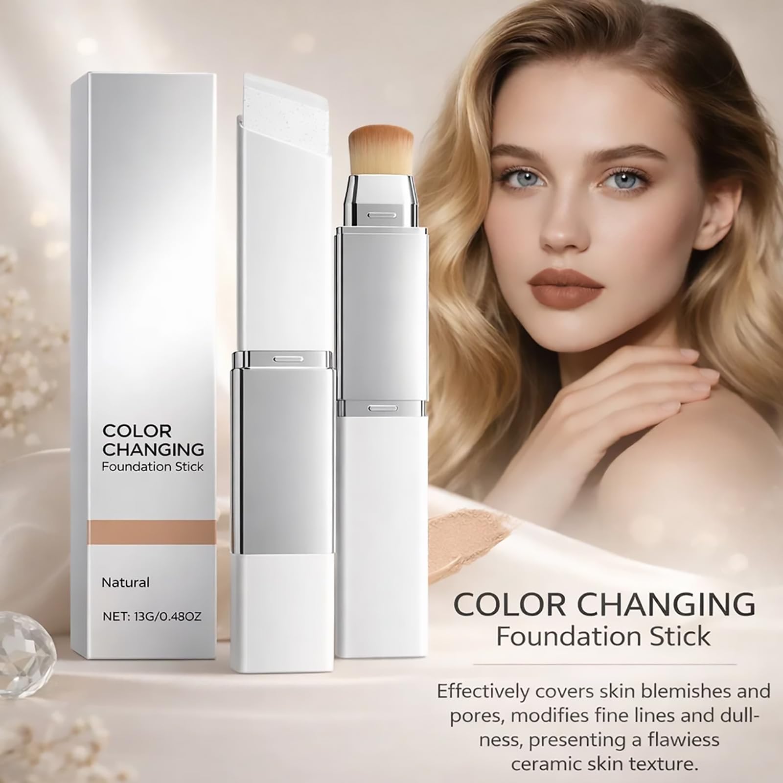 Lumine Skin Color-Changing Foundation Stick with Dual-Ended Brush – Hydrating, Buildable Coverage (Ivory White)