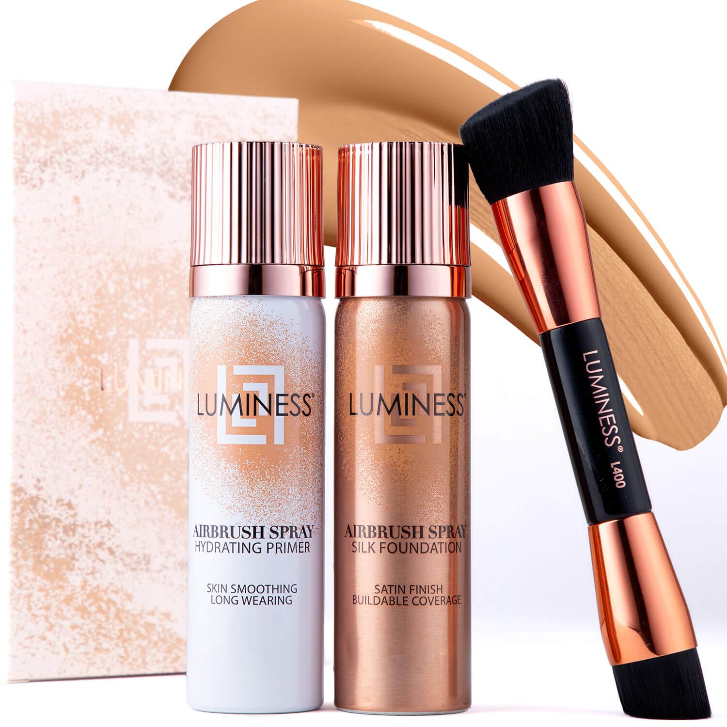 LUMINESS Airbrush Spray Silk Foundation Starter Kit - Light Warm | Hydrating Primer, Buildable Coverage, Brush