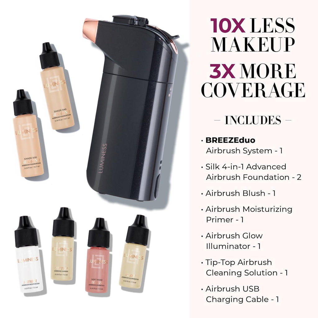 Luminess Breeze Duo Airbrush Makeup System – Medium Coverage, 9-Piece Kit with 2 Silk Foundations