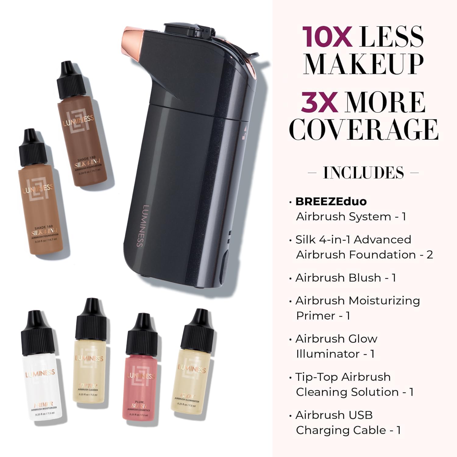 LUMINESS BREEZE DUO Airbrush Makeup System – 9-Piece Kit with 2 Silk Foundations, Plum Blush & Glow Highlighter