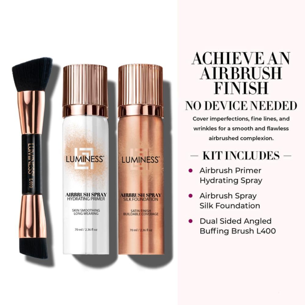 LUMINESS Airbrush Spray Silk Foundation Starter Kit - Light Warm | Hydrating Primer, Buildable Coverage, Brush