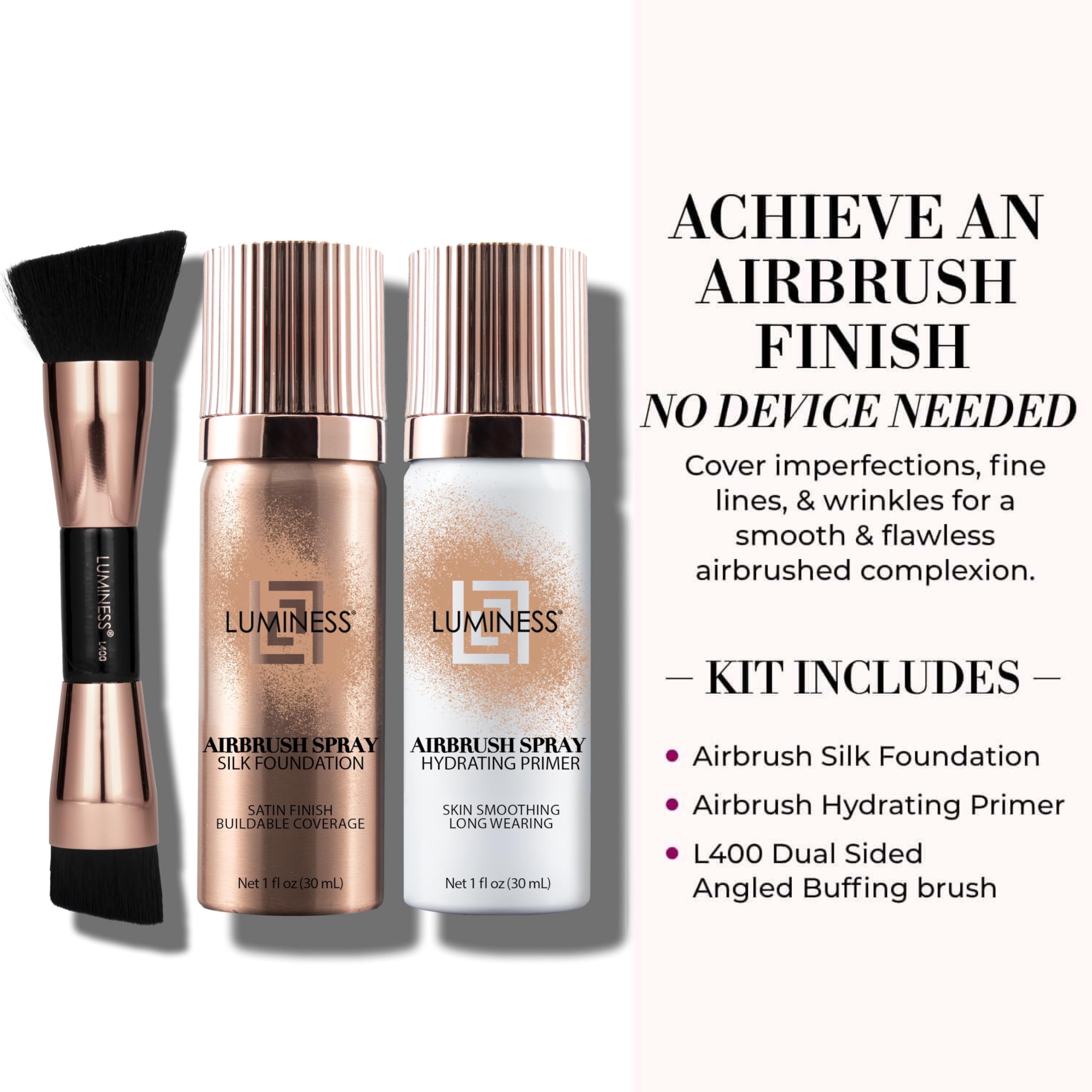 LUMINESS Silk Airbrush Spray Foundation 3-Piece Kit – Medium Warm, Buildable Coverage, Hydration, Humidity-Resistant