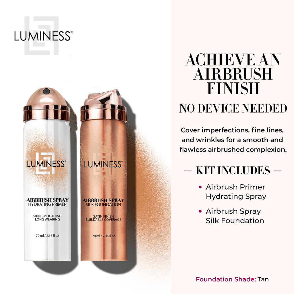 LUMINESS Silk Airbrush Spray Foundation & Primer Kit – Tan | Hydration with Hyaluronic Acid & Hydrolyzed Silk