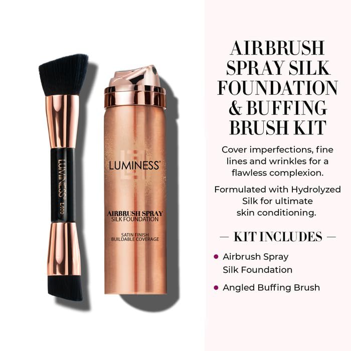 LUMINESS Silk Airbrush Foundation and Buffing Brush Kit – Buildable Coverage, Hydration, Shade Tan Dark